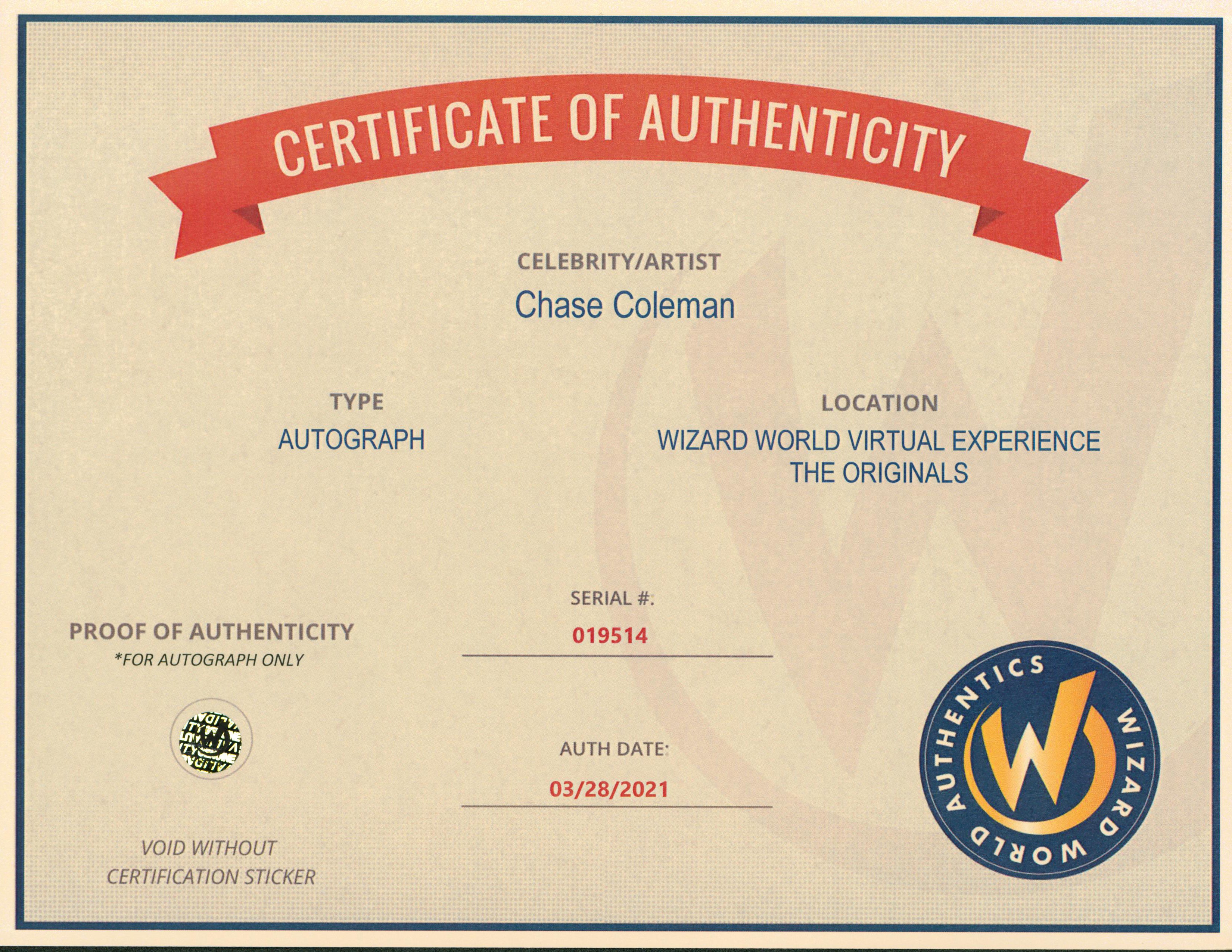 Chase Coleman The Originals Authentic Signed 8x10 Photo Wizard World 2