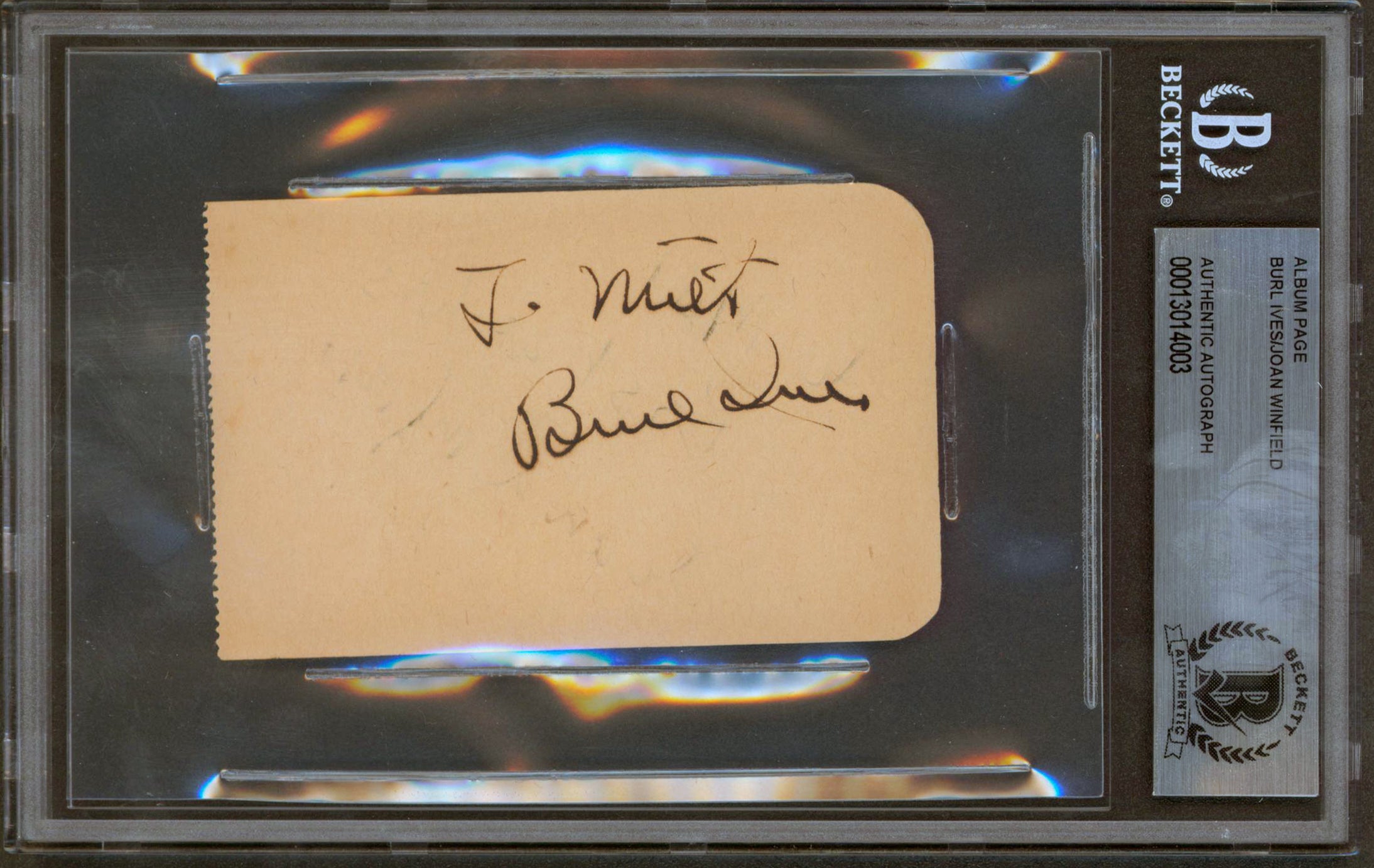 Burl Ives & Joan Winfield Authentic Signed 2.4x3.85 Album Page BAS Slabbed