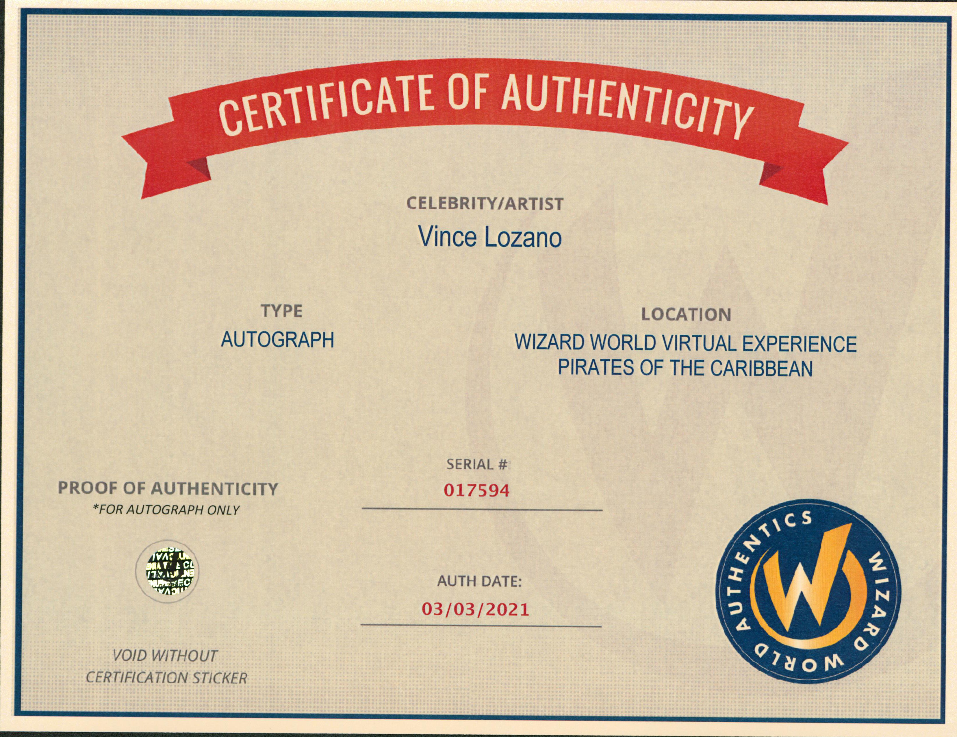 Vince Lozano Pirates Of The Caribbean Signed 8x10 Photo Wizard World #017594