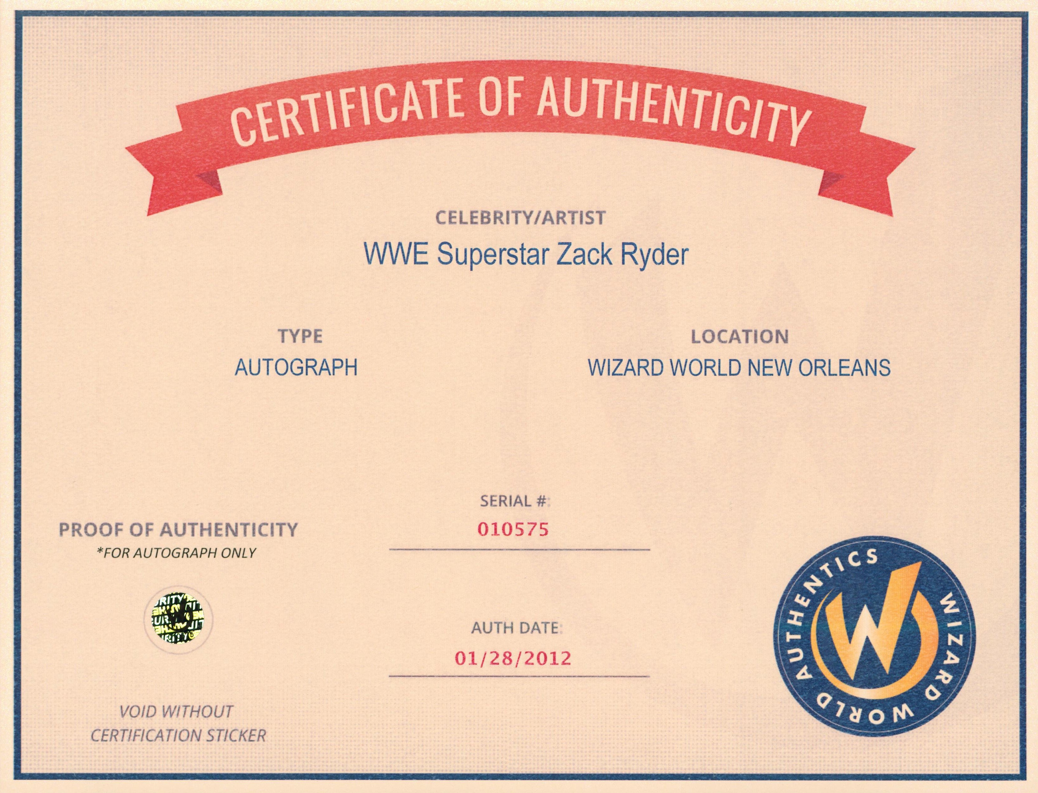 WWE Superstar Zack Ryder Authentic Signed 8x10 Photo Autographed Wizard World