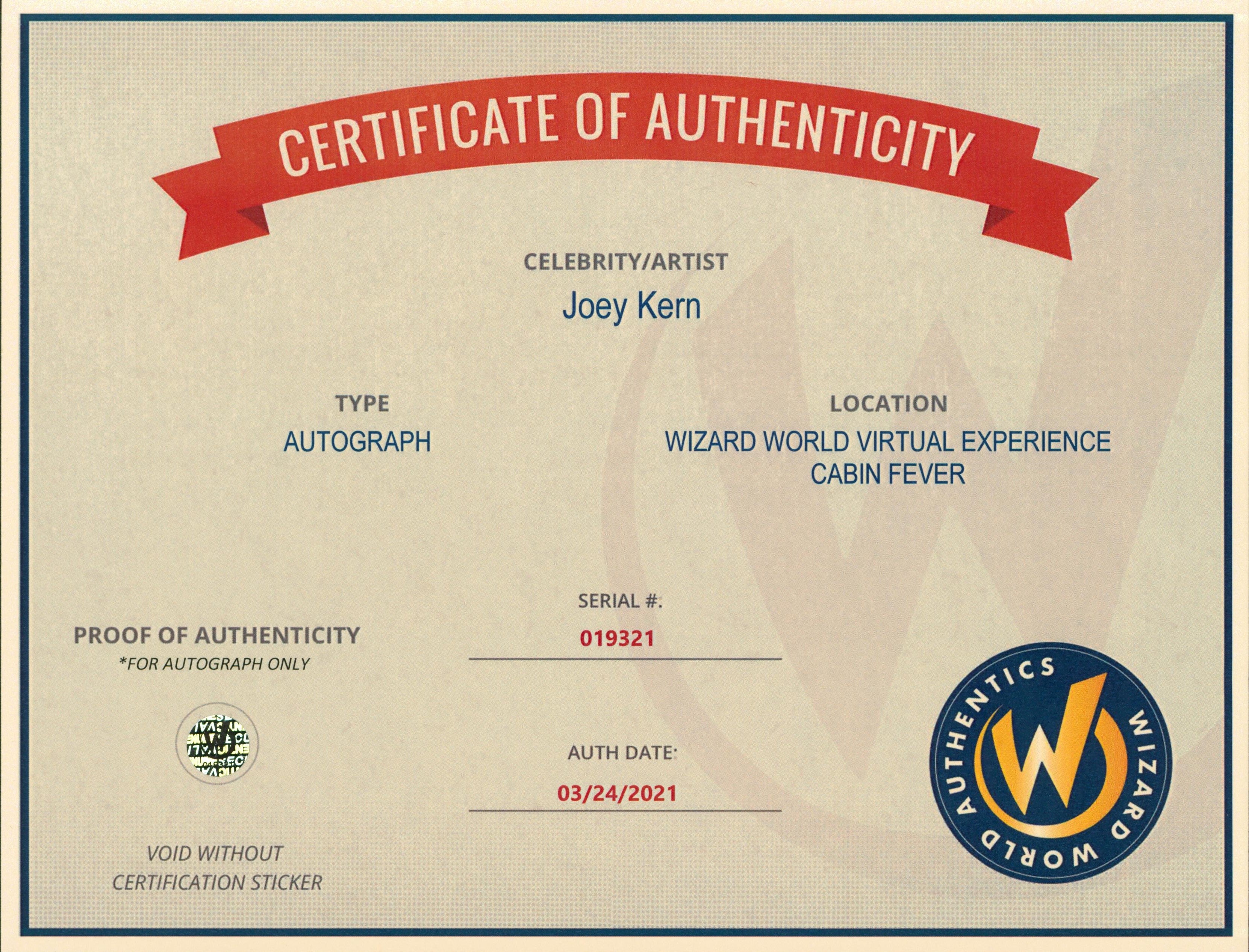 Joey Kern Cabin Fever Authentic Signed 8x10 Photo Autographed Wizard World