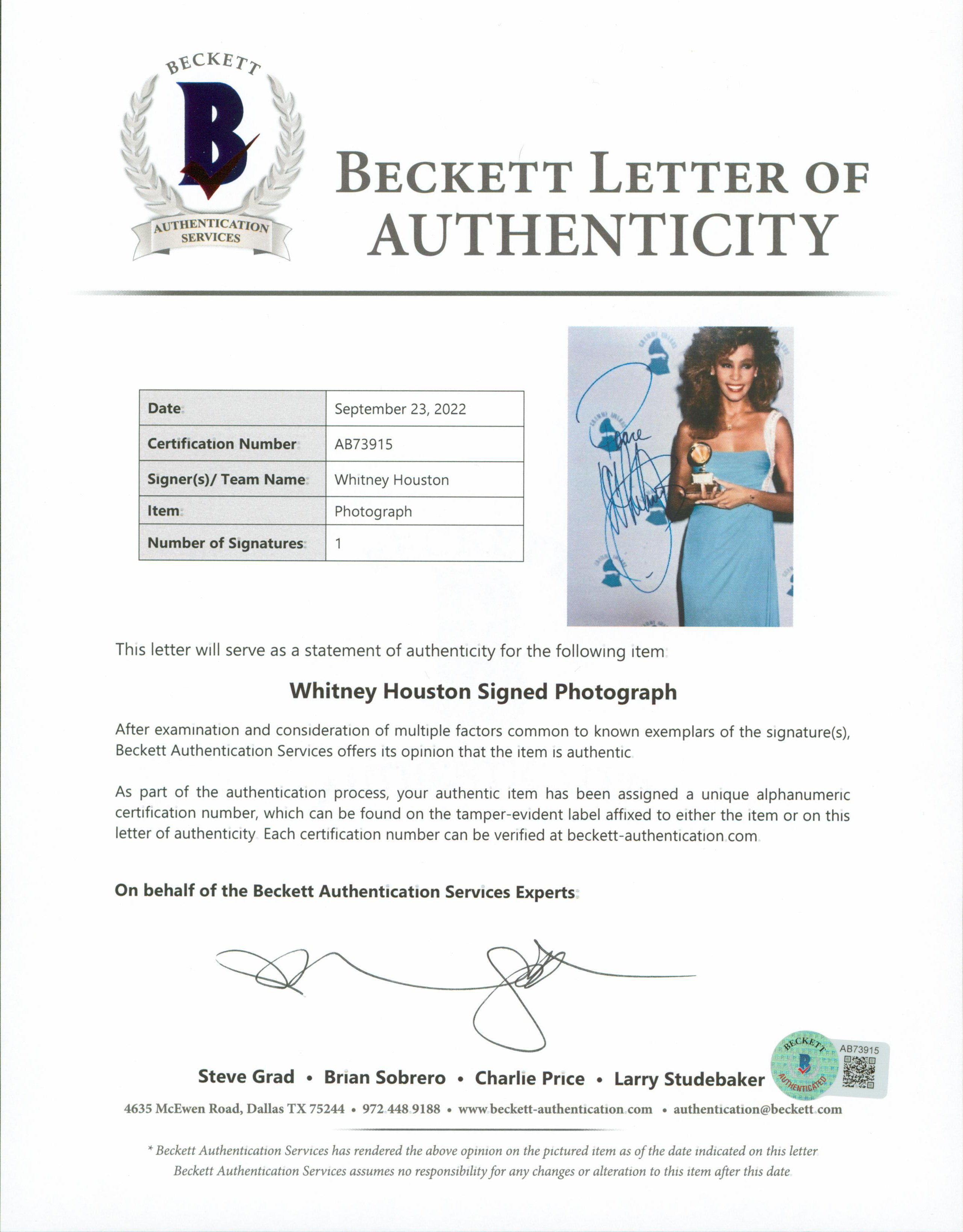 Whitney Houston Peace Authentic Signed 8x10 Photo BAS #AB73915