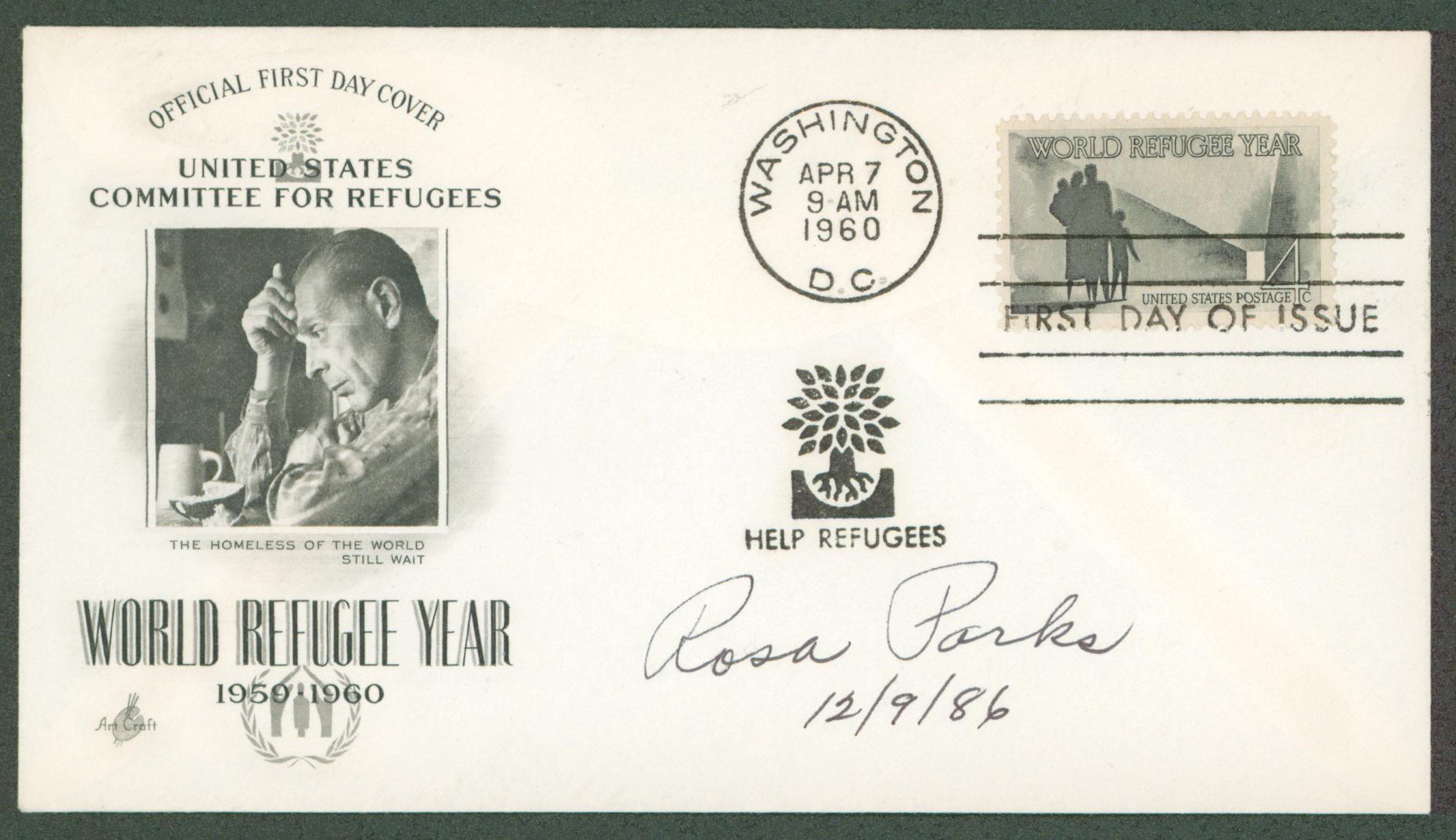 Rosa Parks "12/9/86" Signed 3.65x6.5 1960 First Day Cover Envelope BAS #AB07523