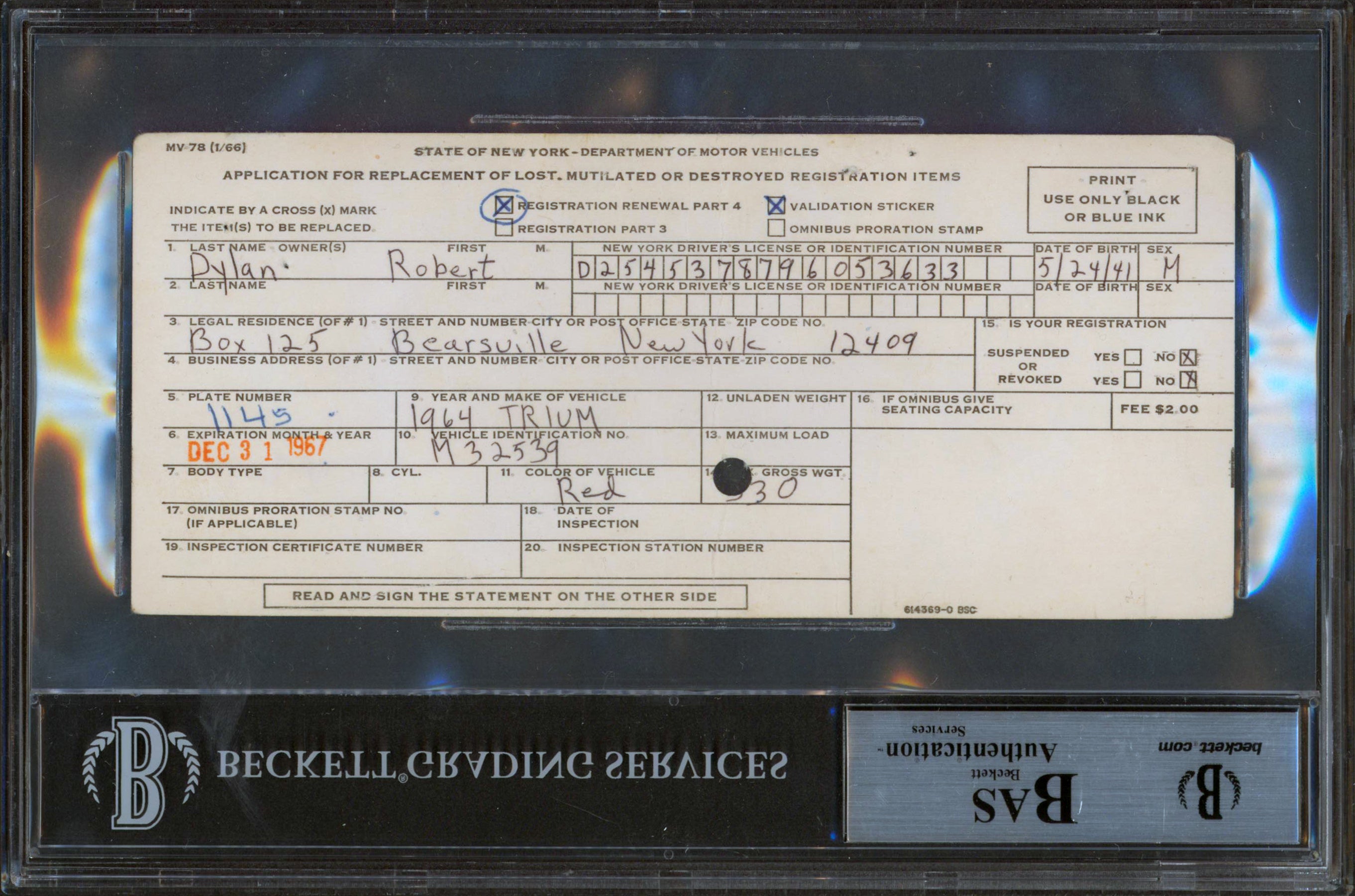 Bob Dylan Authentic Signed 3.25x7.5 DMV Registration Document BAS Slabbed