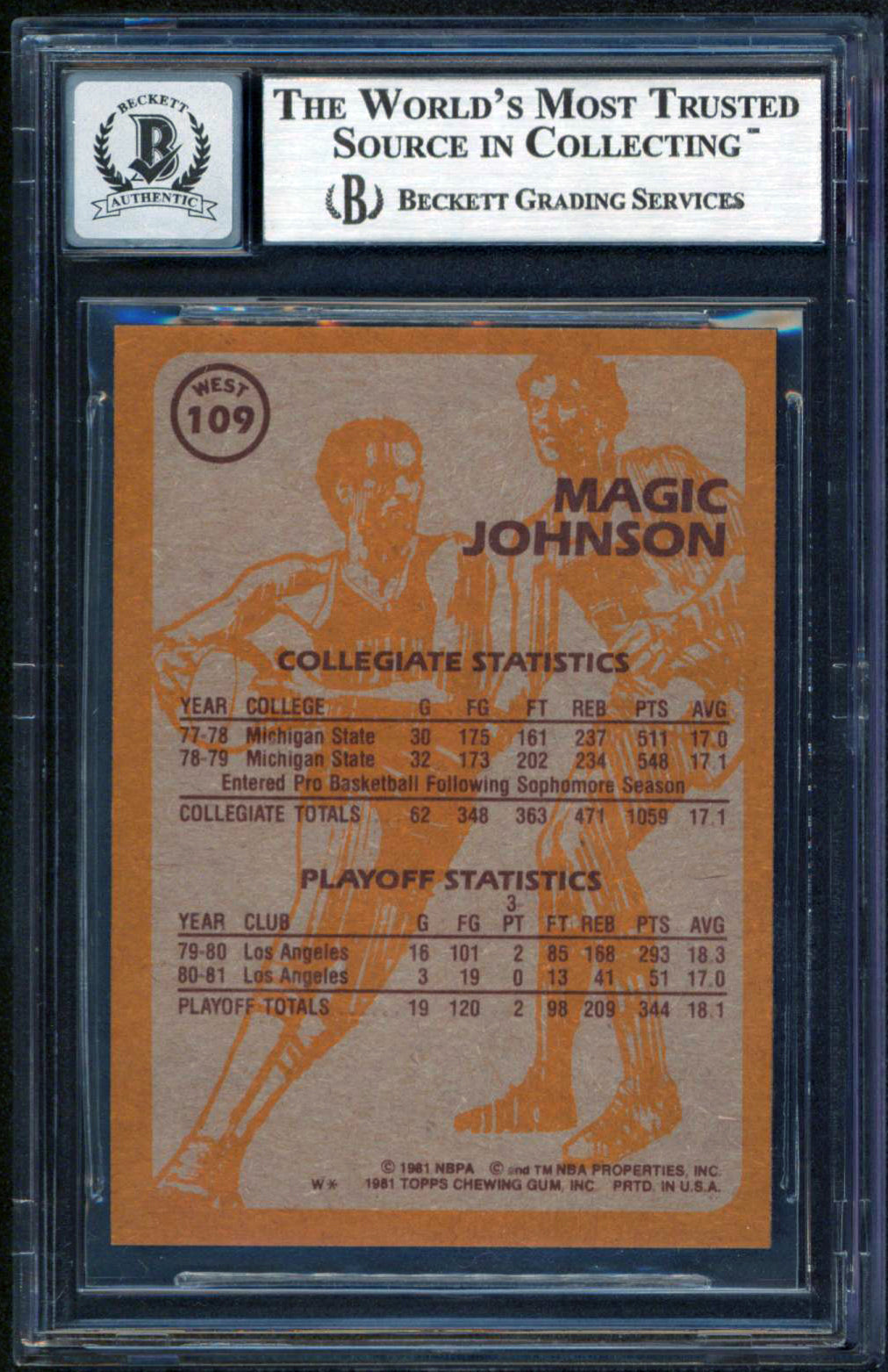 Lakers Magic Johnson Authentic Signed 1981 Topps #W109 Card Auto 10! BAS Slabbed