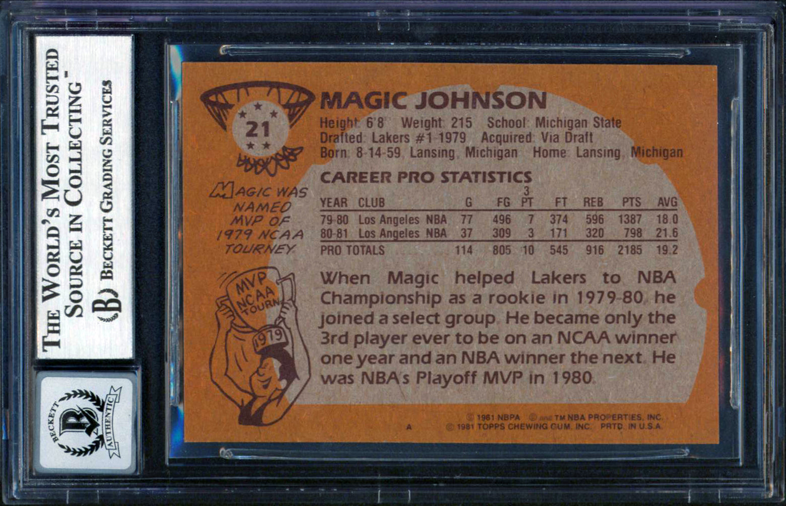 Lakers Magic Johnson Authentic Signed 1981 Topps #21 Card Auto 10! BAS Slabbed