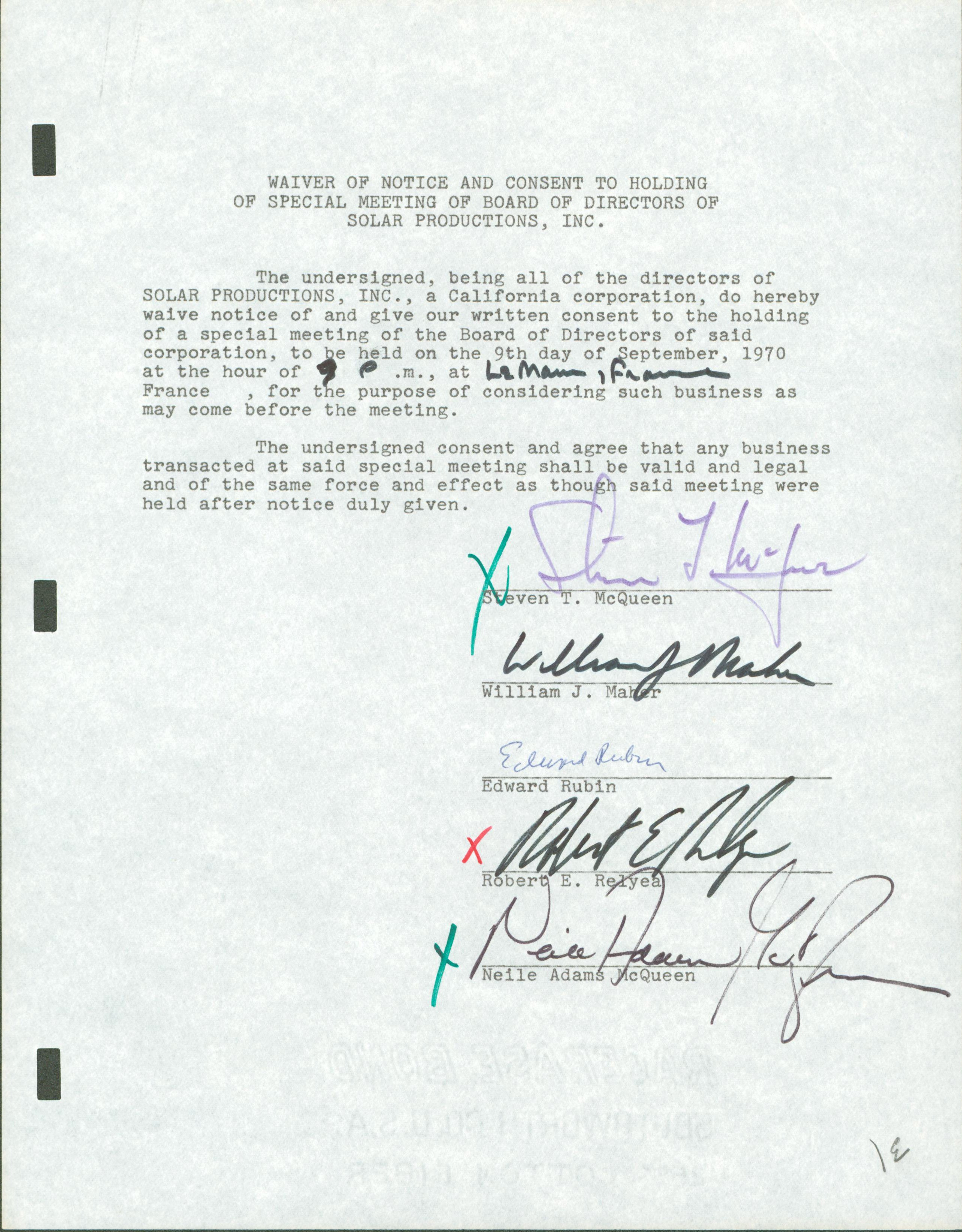 Steve McQueen Signed 8.5x11 1970 Solar Products BOD Contract Signature Page BAS