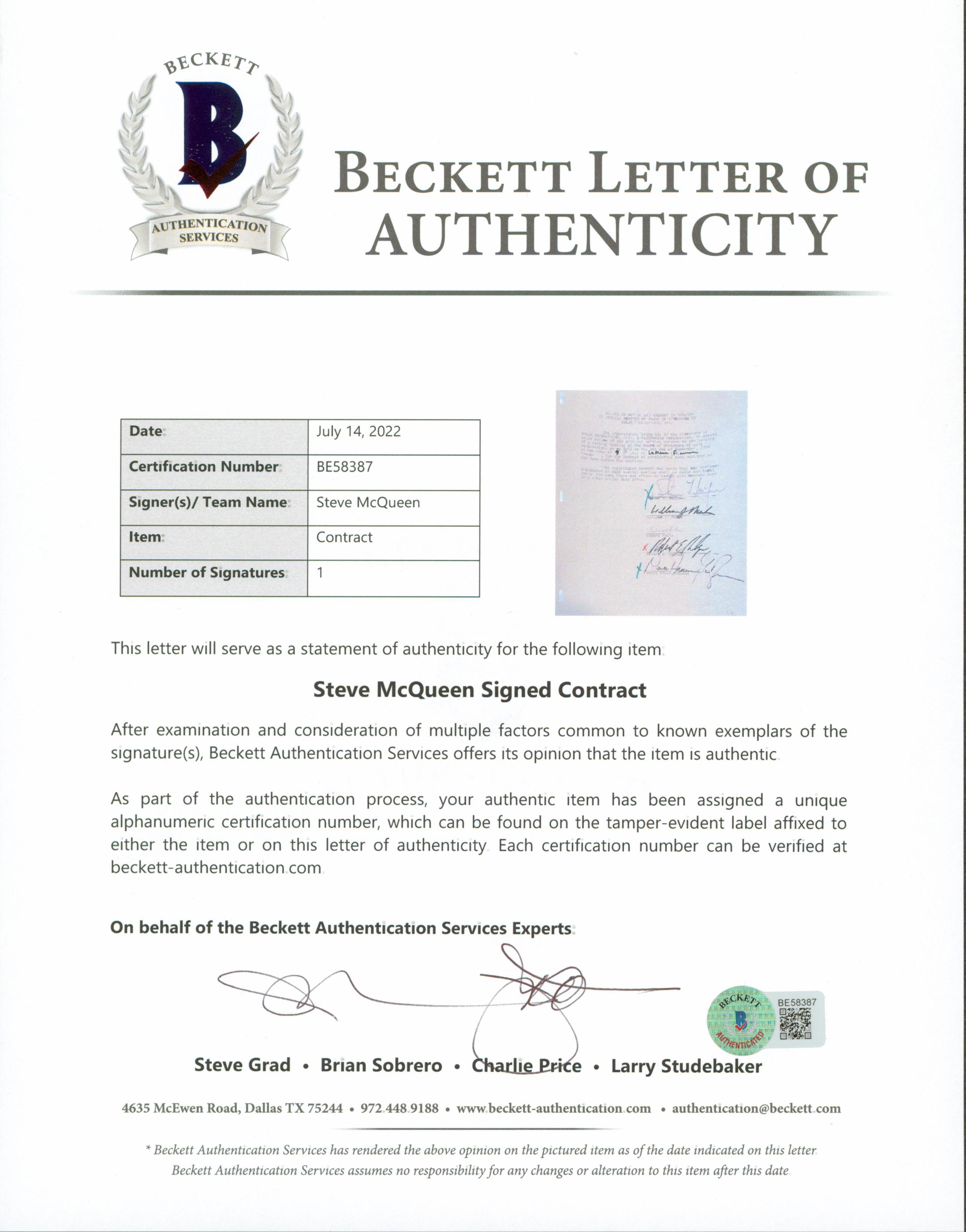 Steve McQueen Signed 8.5x11 1970 Solar Products BOD Contract Signature Page BAS