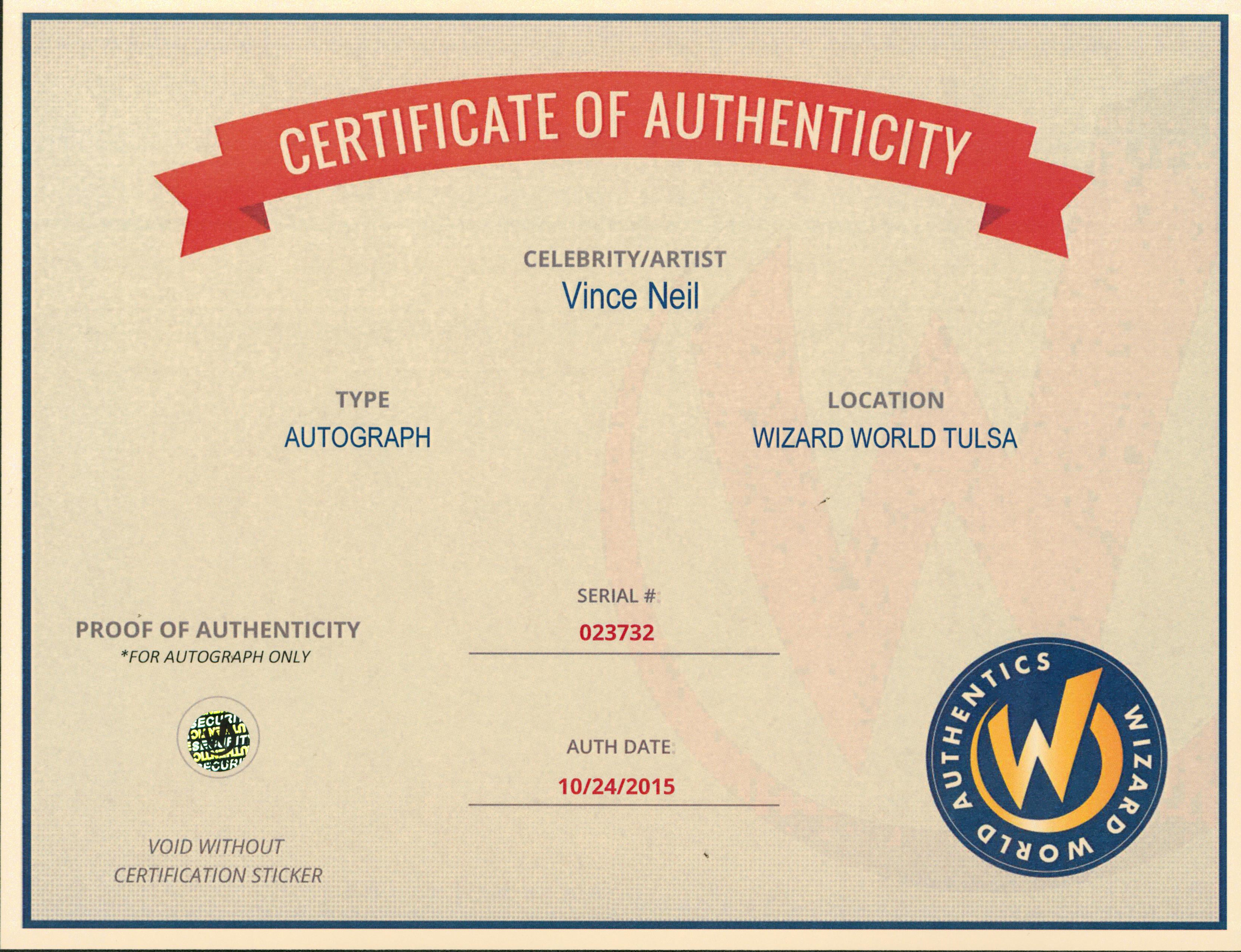 Vince Neil Motley Crue Authentic Signed 8x10 Black & White Photo Wizard World