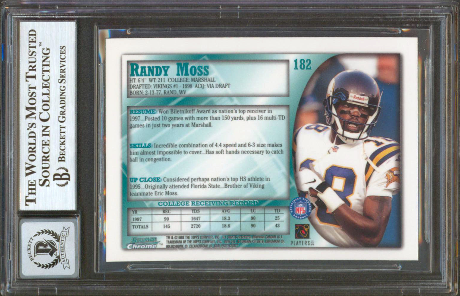 Randy Moss "HOF 18" Signed 1998 Bowman Chrome #182 RC Card Auto 10! BAS Slabbed