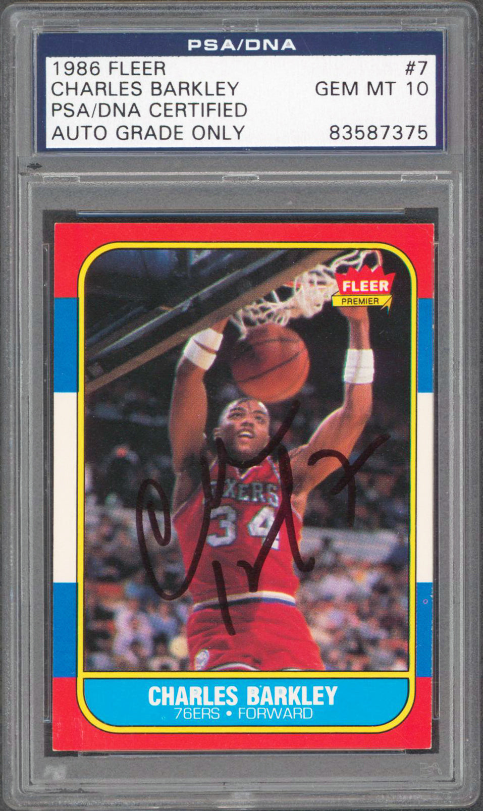 76ers Charles Barkley Signed 1986 Fleer #7 Rookie Auto Card Auto 10! PSA Slabbed