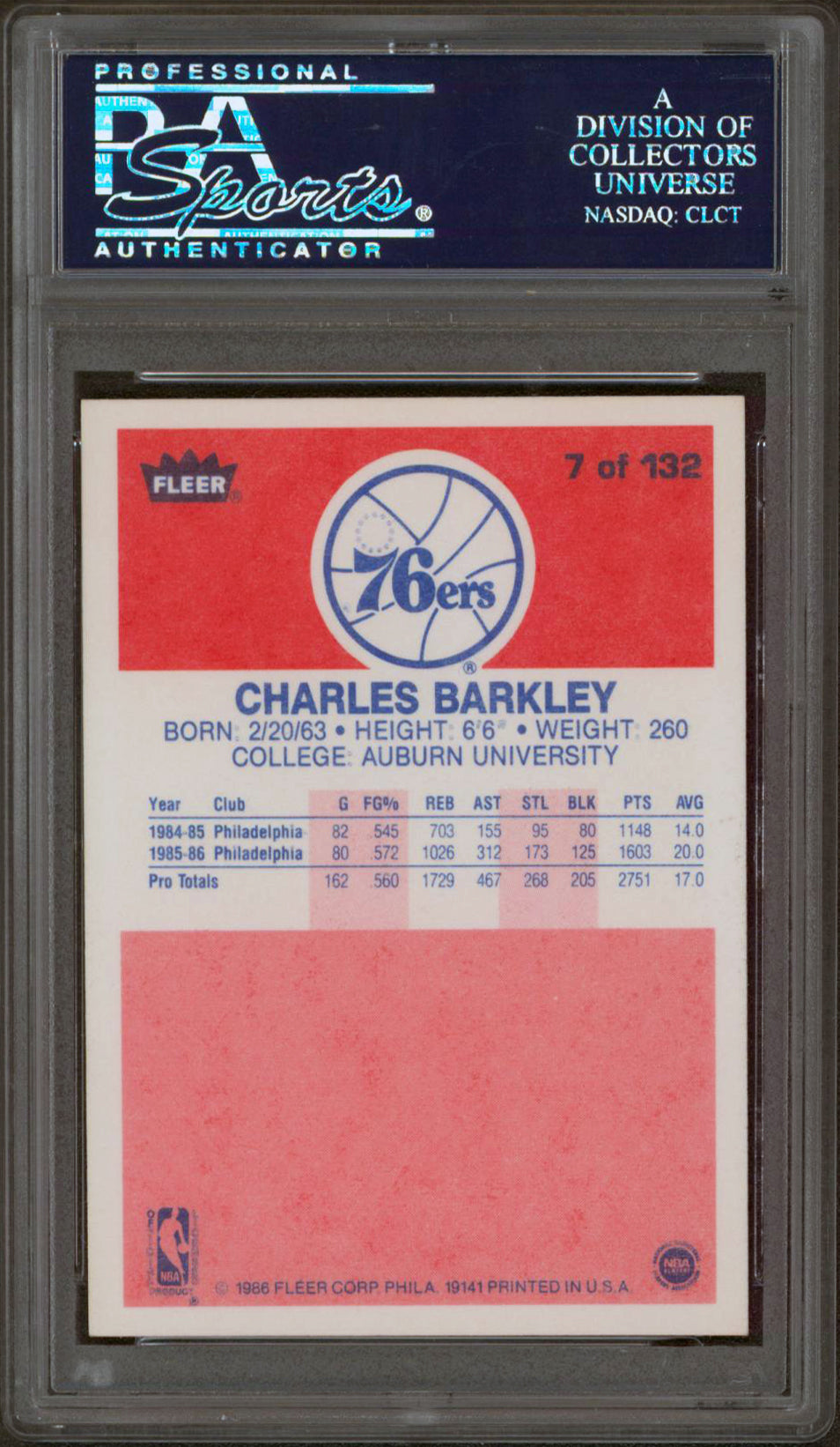 76ers Charles Barkley Signed 1986 Fleer #7 Rookie Auto Card Auto 10! PSA Slabbed