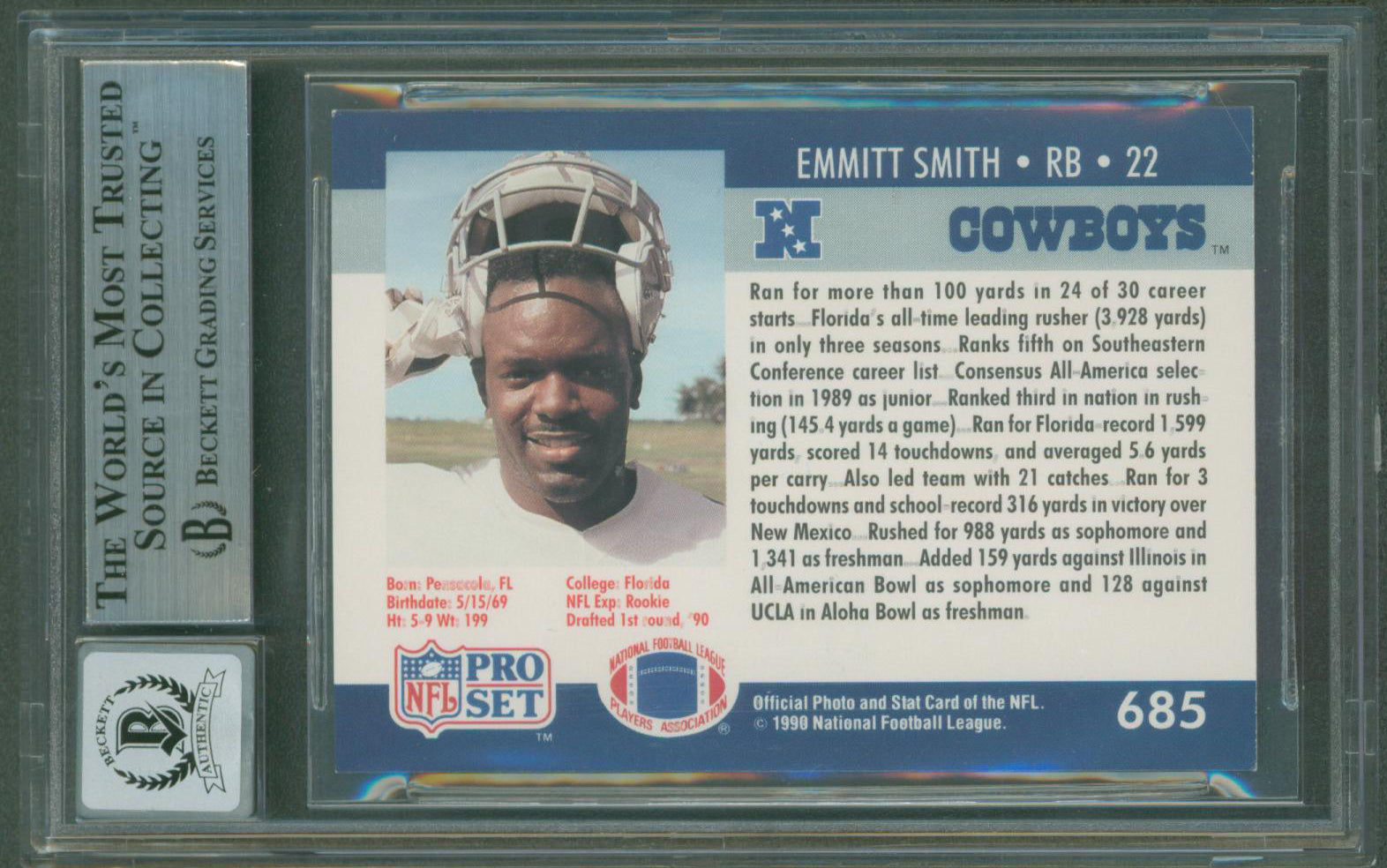 ** HOLIDAY DOORBUSTER ** Cowboys Emmitt Smith Signed 1990 Pro Set #685 Rookie Card Auto 10! BAS Slabbed