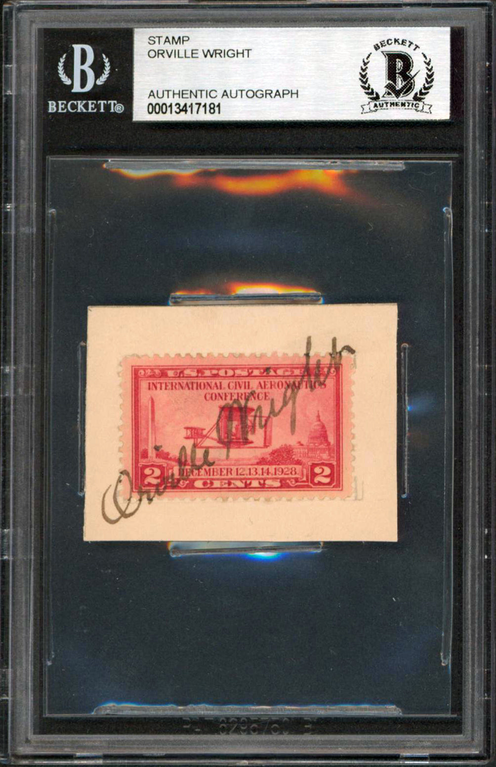 Orville Wright Signed 1x1.6 Civil Aeronautics Conference 2 Cent Stamp BAS Slab
