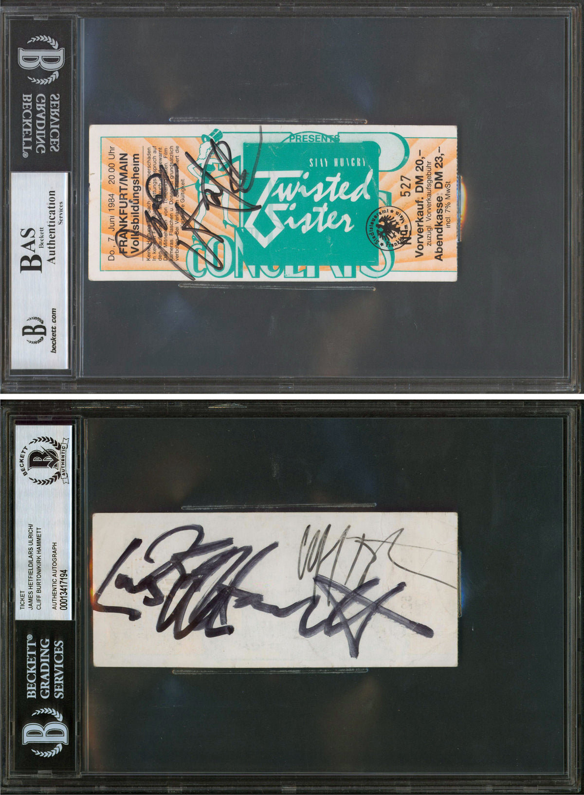 Hetfield, Burton, Ulrich & Hammett Signed 2.35x5.65 1984 Ticket Stub BAS Slabbed