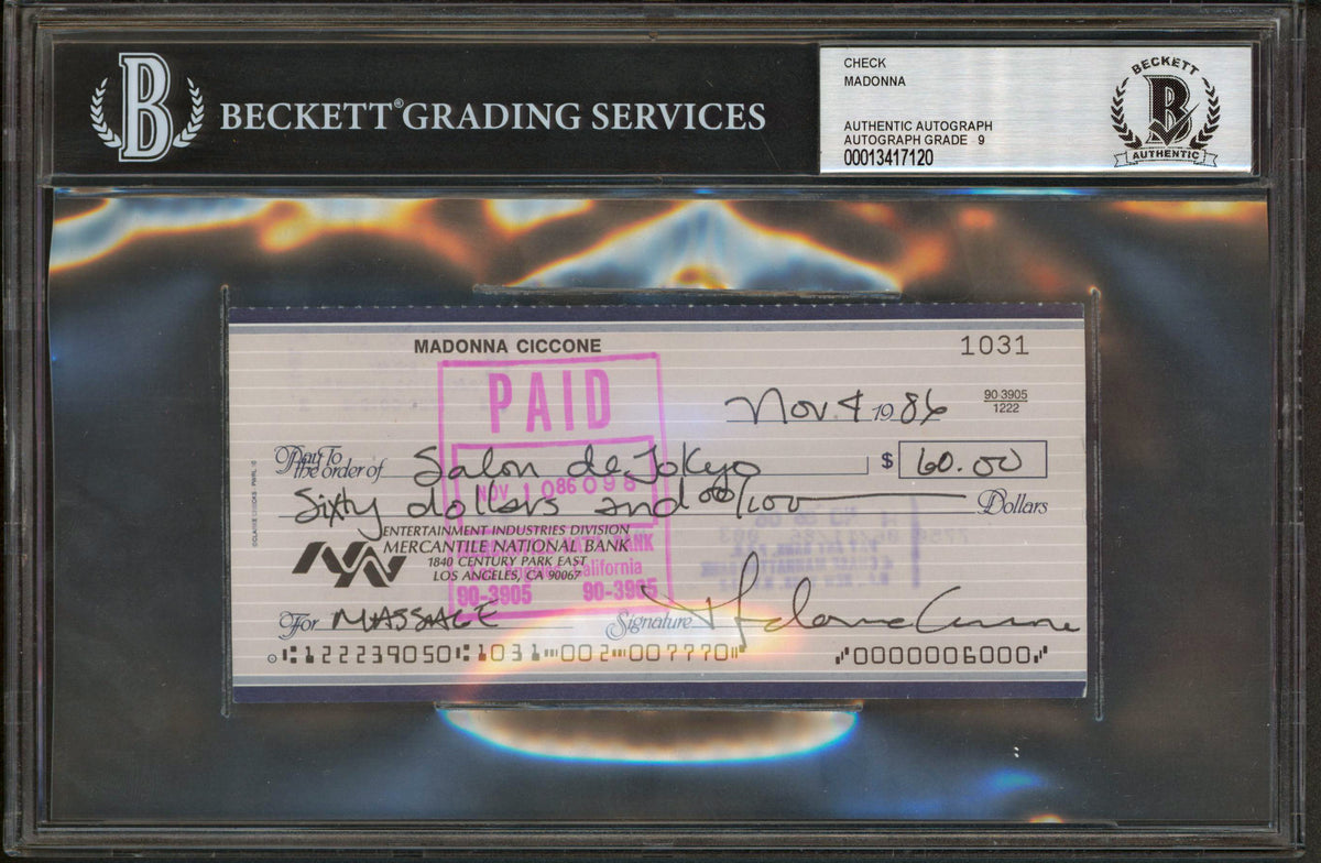 Madonna Authentic Signed 2.75x6 1986 Personal Check Auto Graded 9! BAS Slabbed
