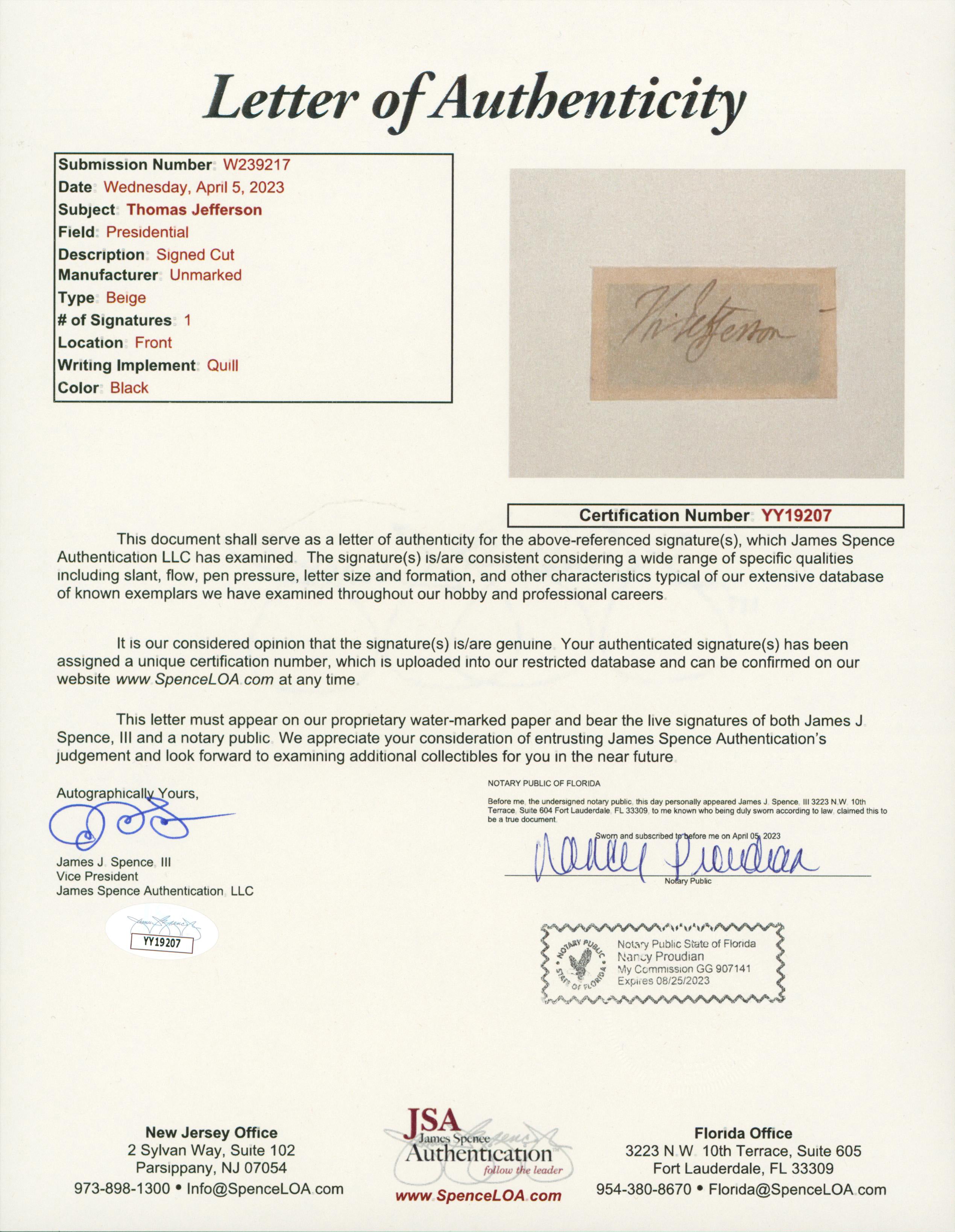 Thomas Jefferson Authentic Signed .75x1.5 Cut Signature JSA #YY19207