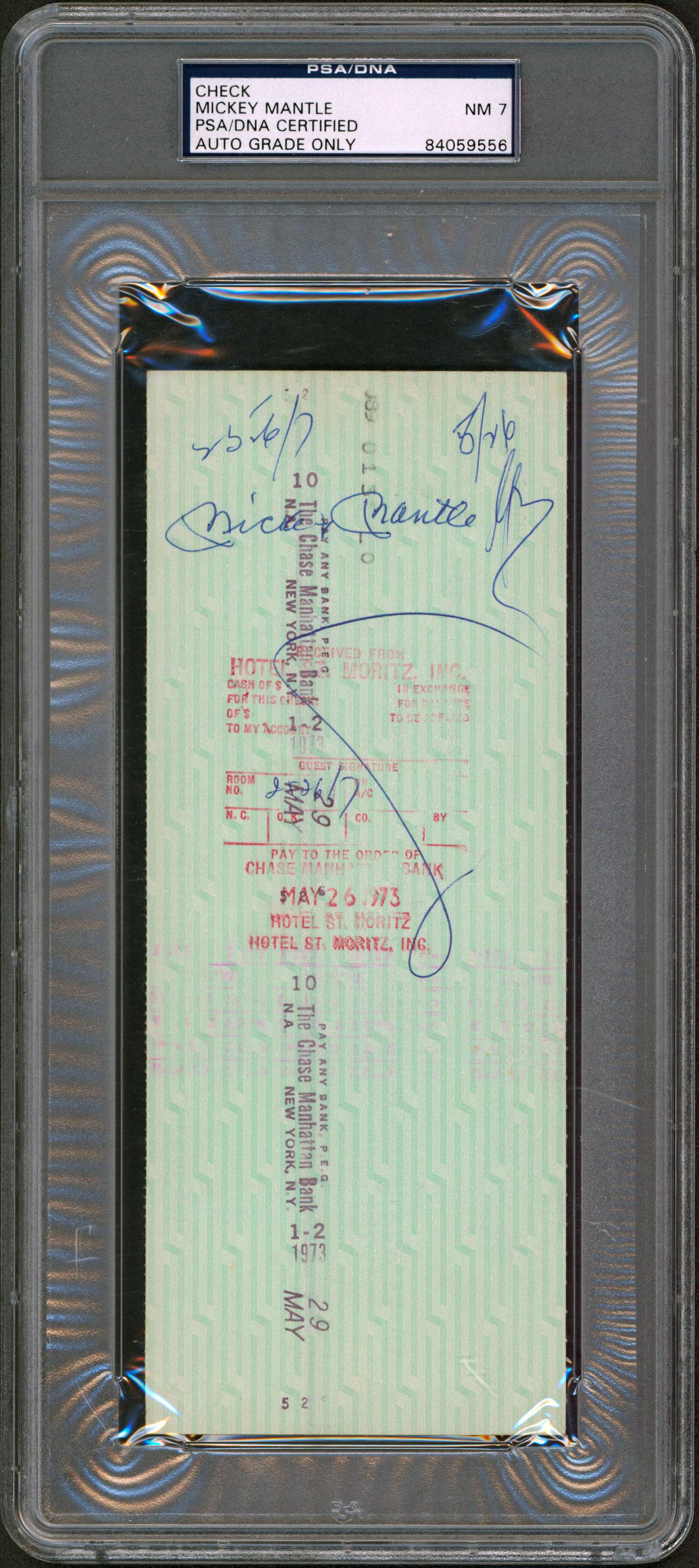 Yankees Mickey Mantle Authentic Signed 3.5x8.5 1973 Payroll Check PSA Slabbed