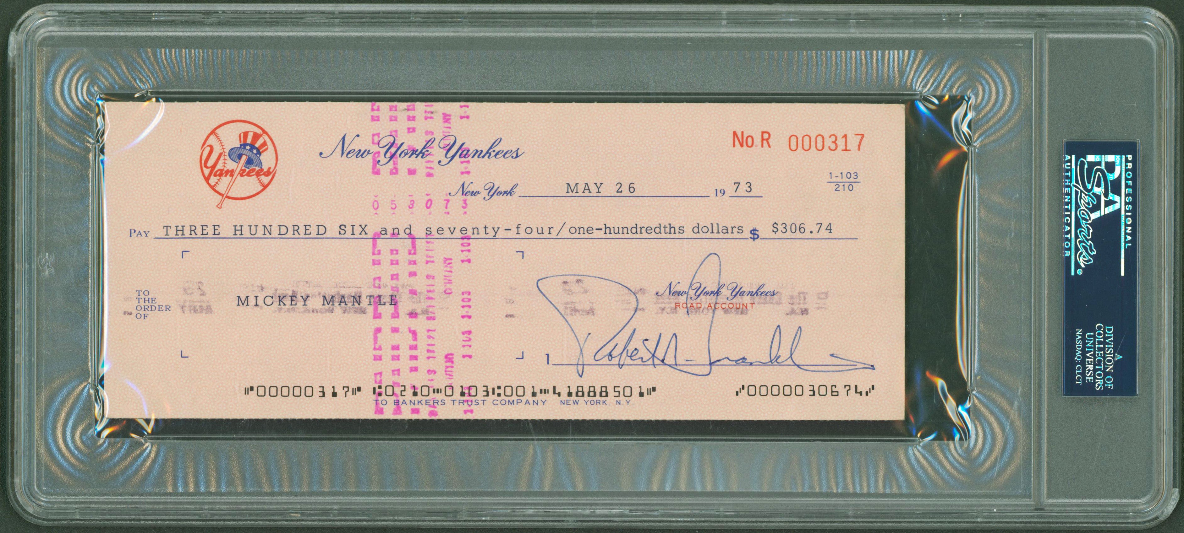 Yankees Mickey Mantle Authentic Signed 3.5x8.5 1973 Payroll Check PSA Slabbed