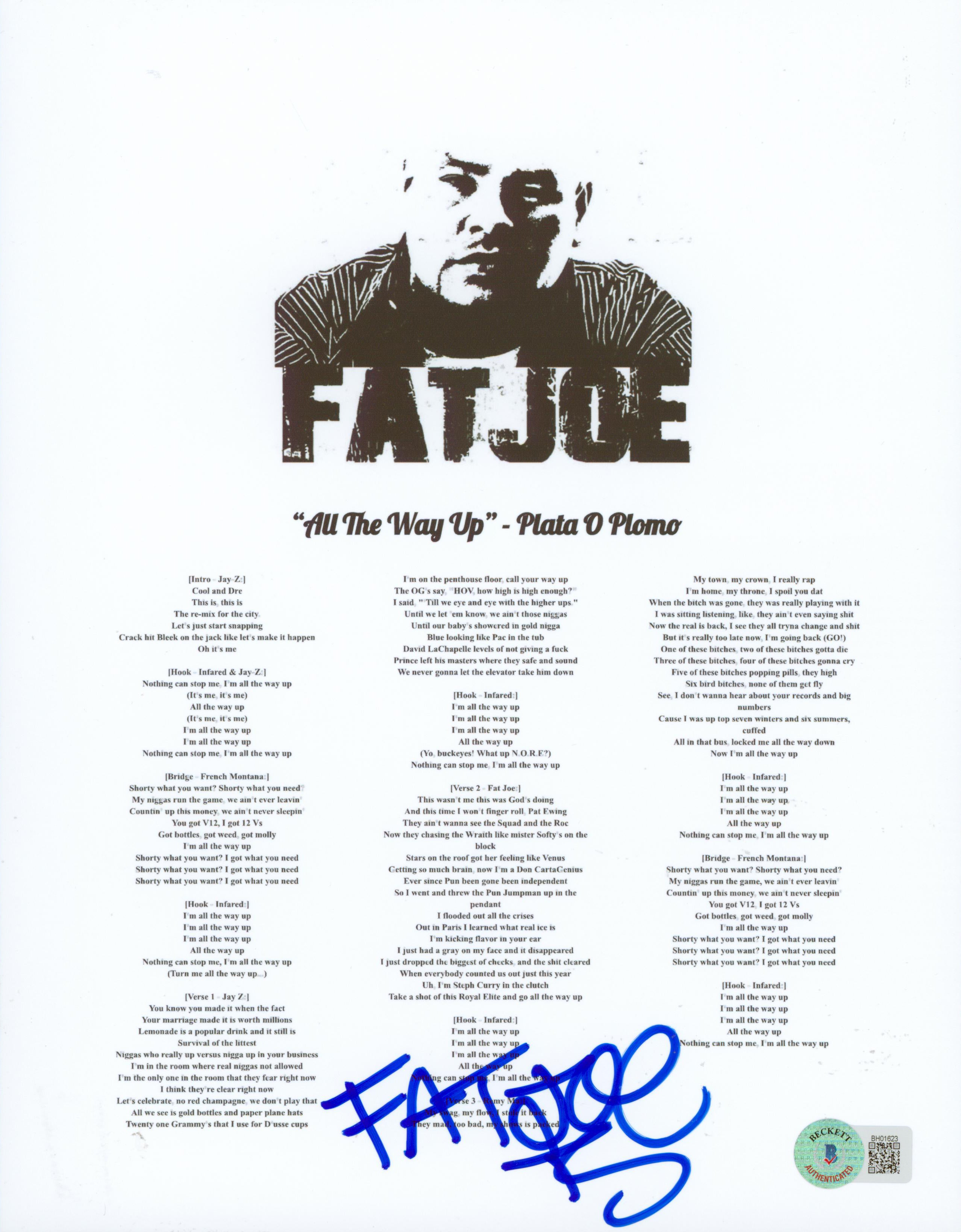Fat Joe Authentic Signed 8.5x11 All The Way Up Music Sheet Photo BAS #BH01623