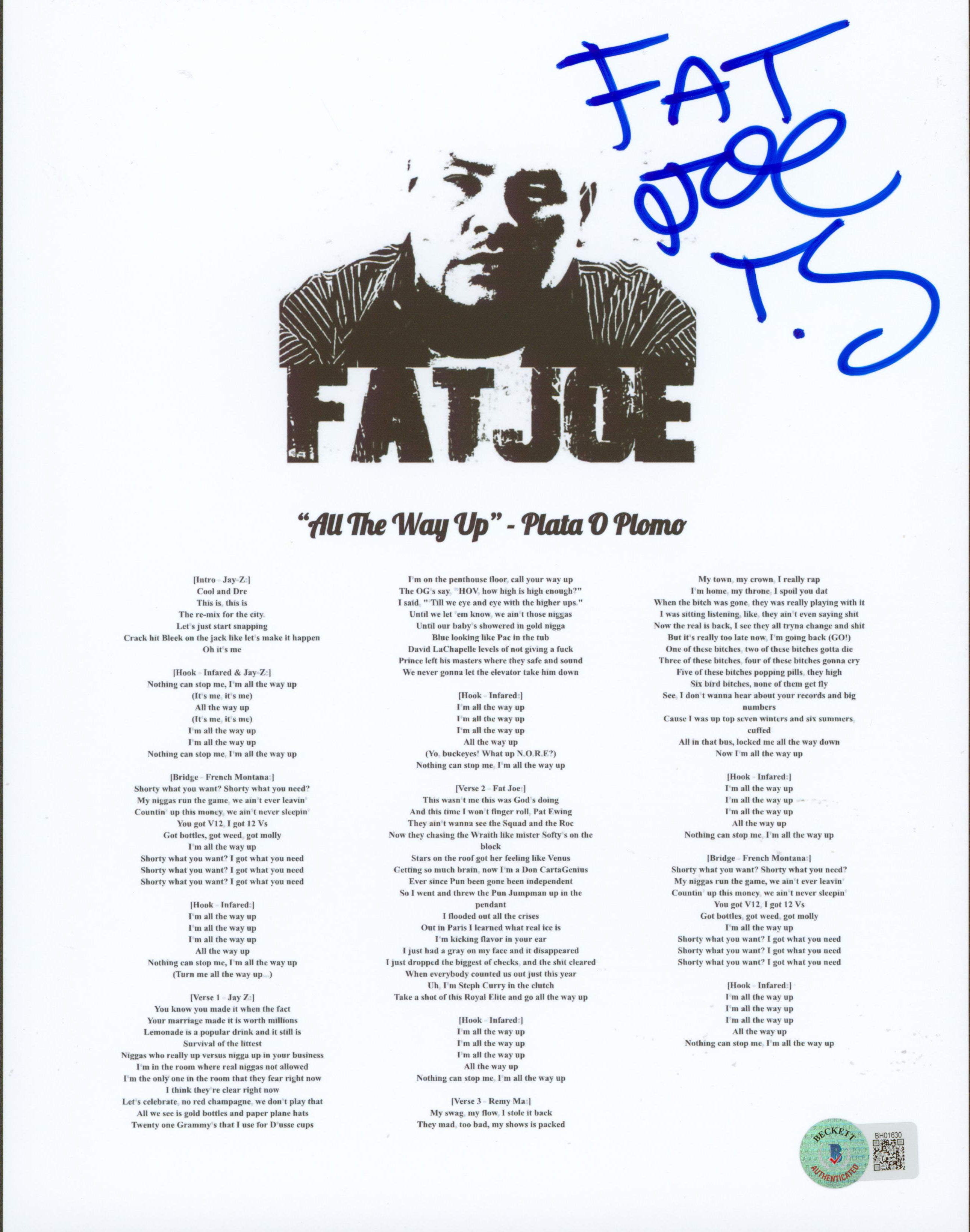 Fat Joe Authentic Signed 8.5x11 All The Way Up Music Sheet Photo BAS #BH01630
