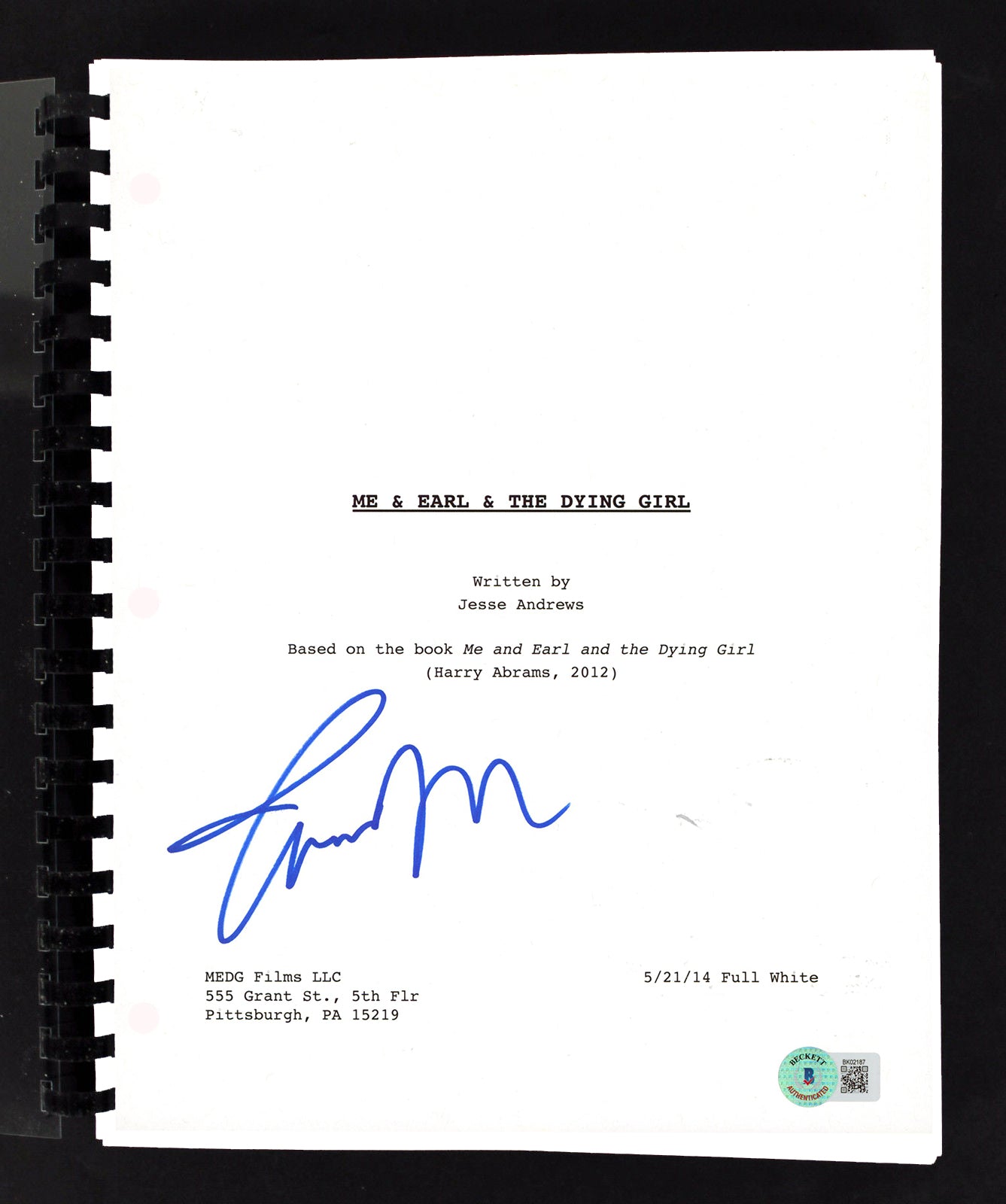 Thomas Mann Me & Earl & The Dying Girl Signed Movie Script BAS #BK02187