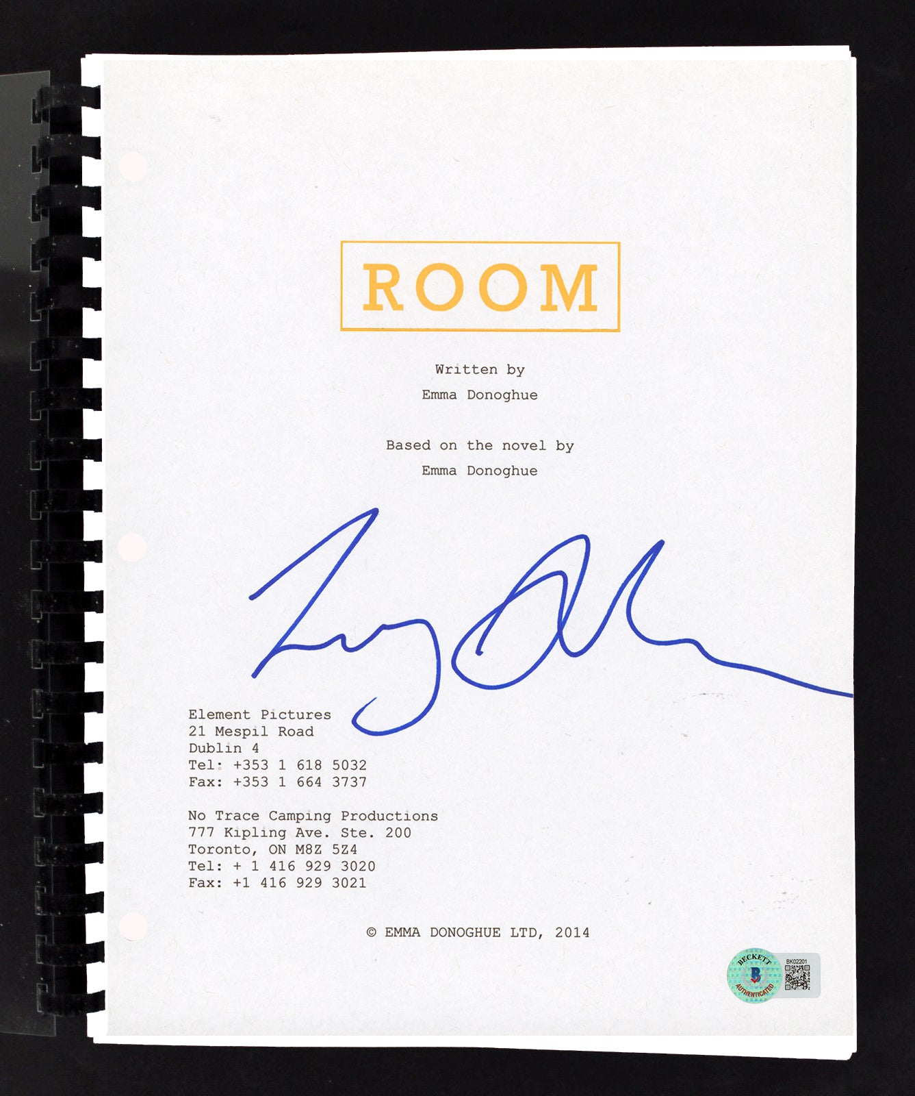 Lenny Abrahamson Room Authentic Signed Movie Script Autographed BAS #BK02201