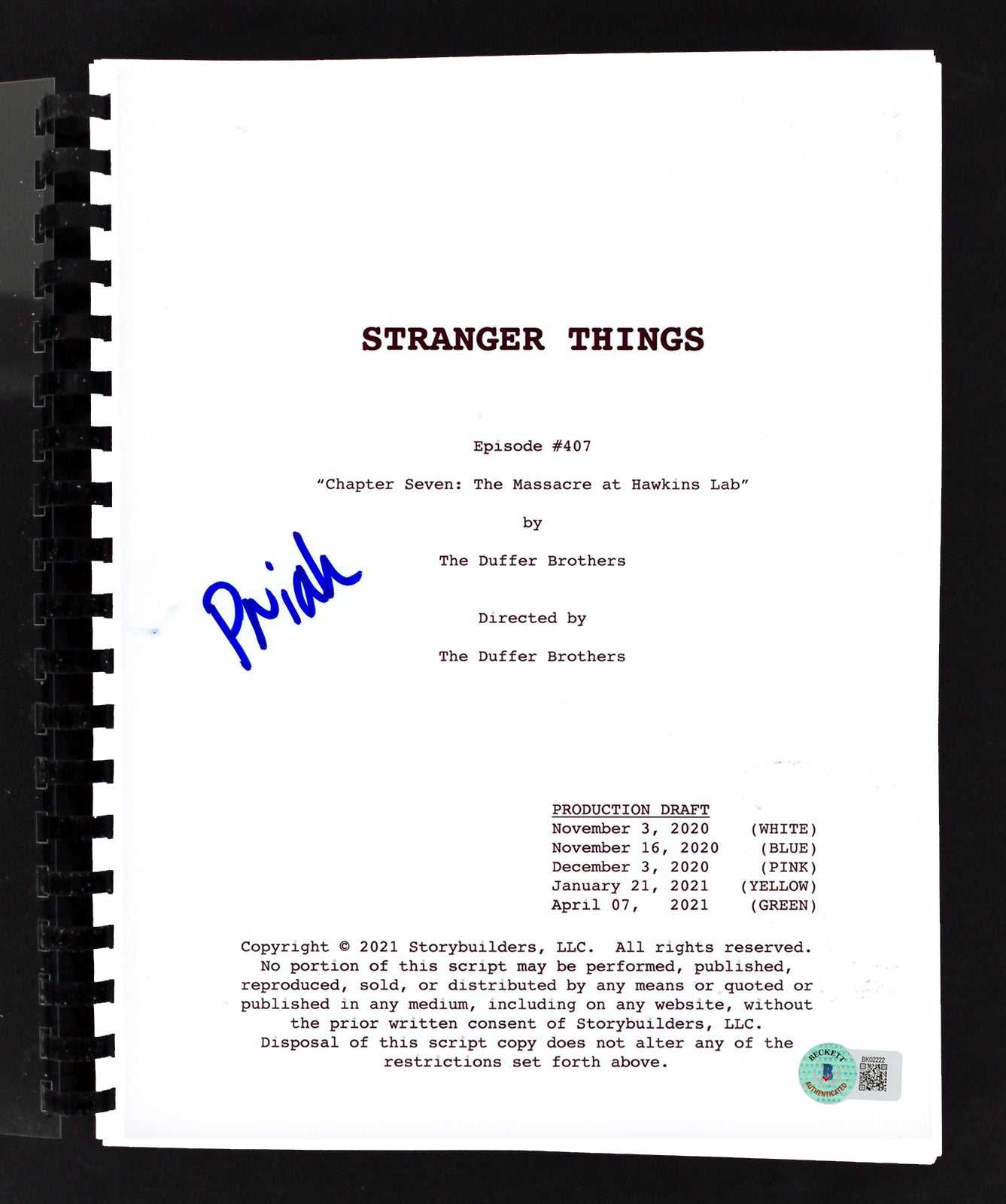 Priah Ferguson Stranger Things Authentic Signed Movie Script BAS #BK02222