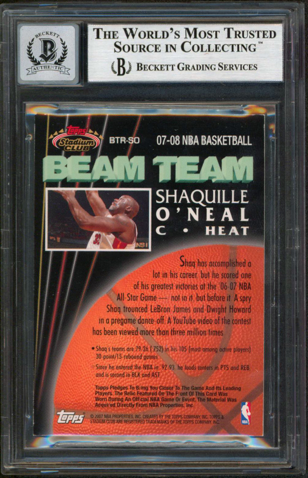 Shaquille O'Neal Signed 2007 Stadium Club Relics #SO Card Auto Grade 10 BAS Slab