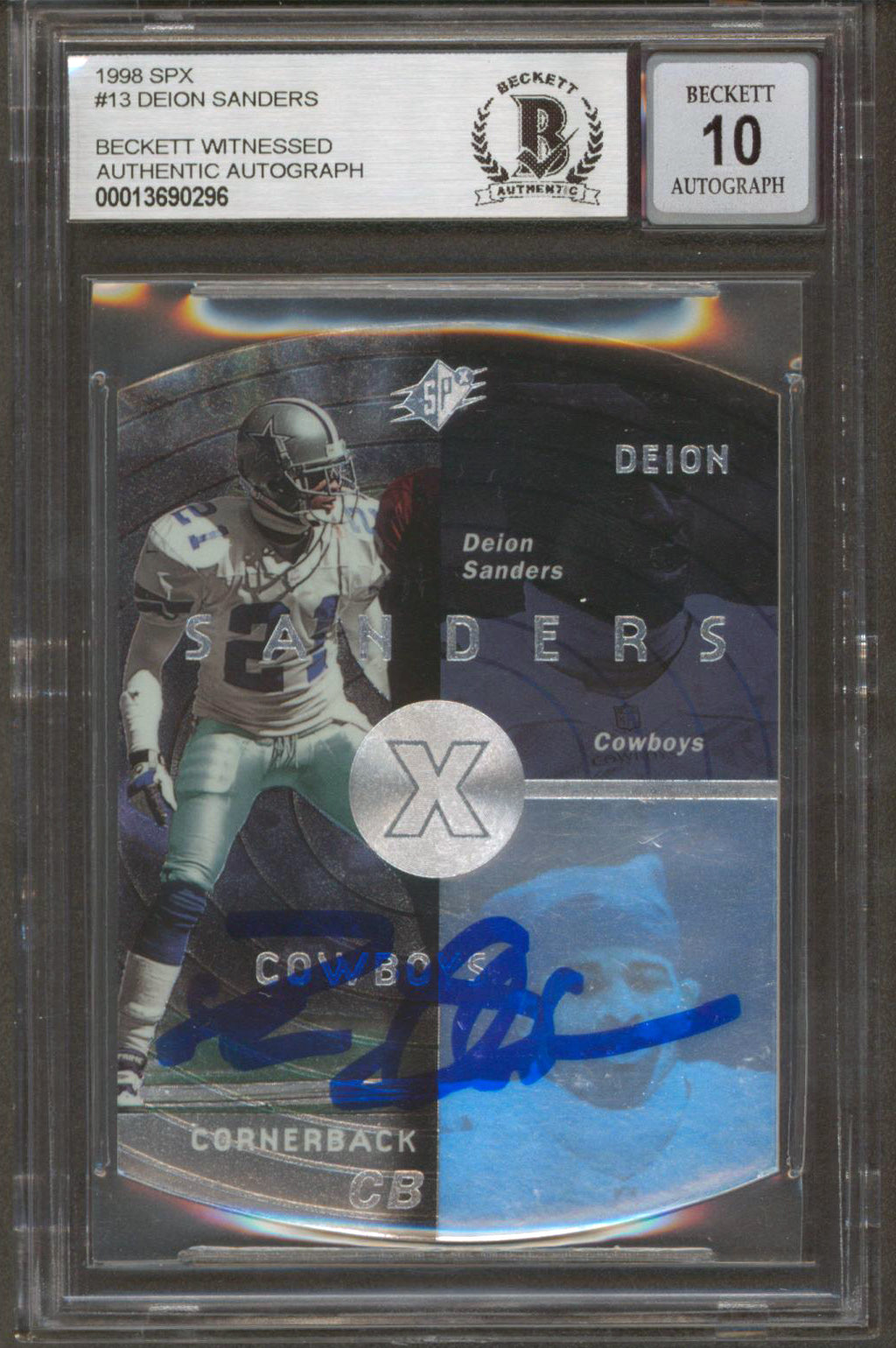 Cowboys Deion Sanders Signed 1998 SPX #13 Card Auto Graded 10! BAS Slabbed