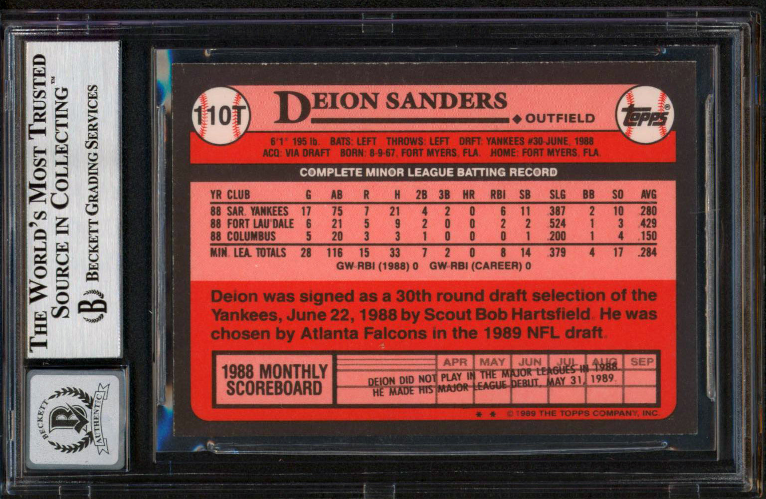 Yankees Deion Sanders Signed 1989 Topps Traded #110T RC Card Auto 10 BAS Slabbed