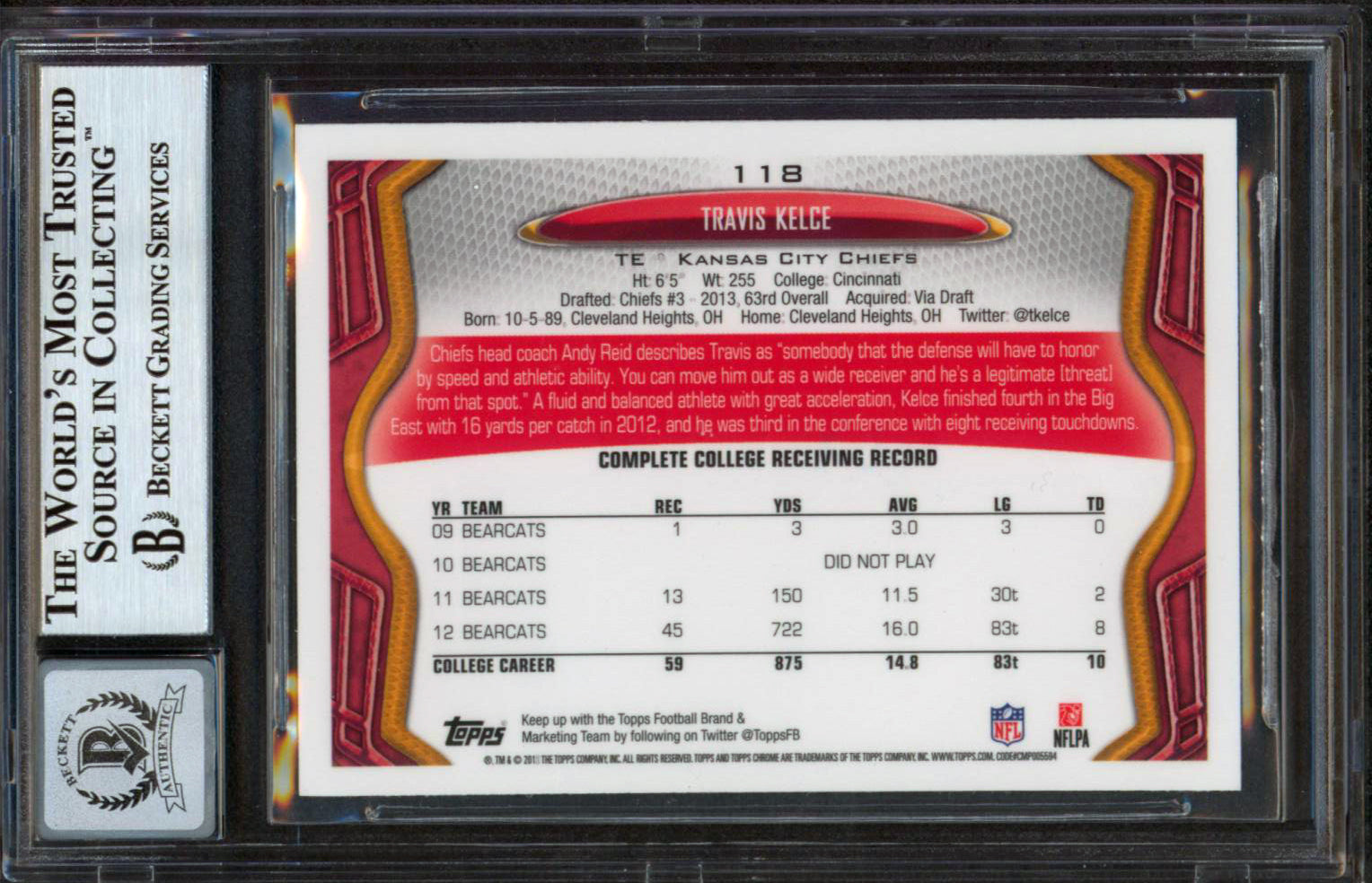 Chiefs Travis Kelce Signed 2013 Topps Chrome #118 Card Auto Graded 10! BAS Slab
