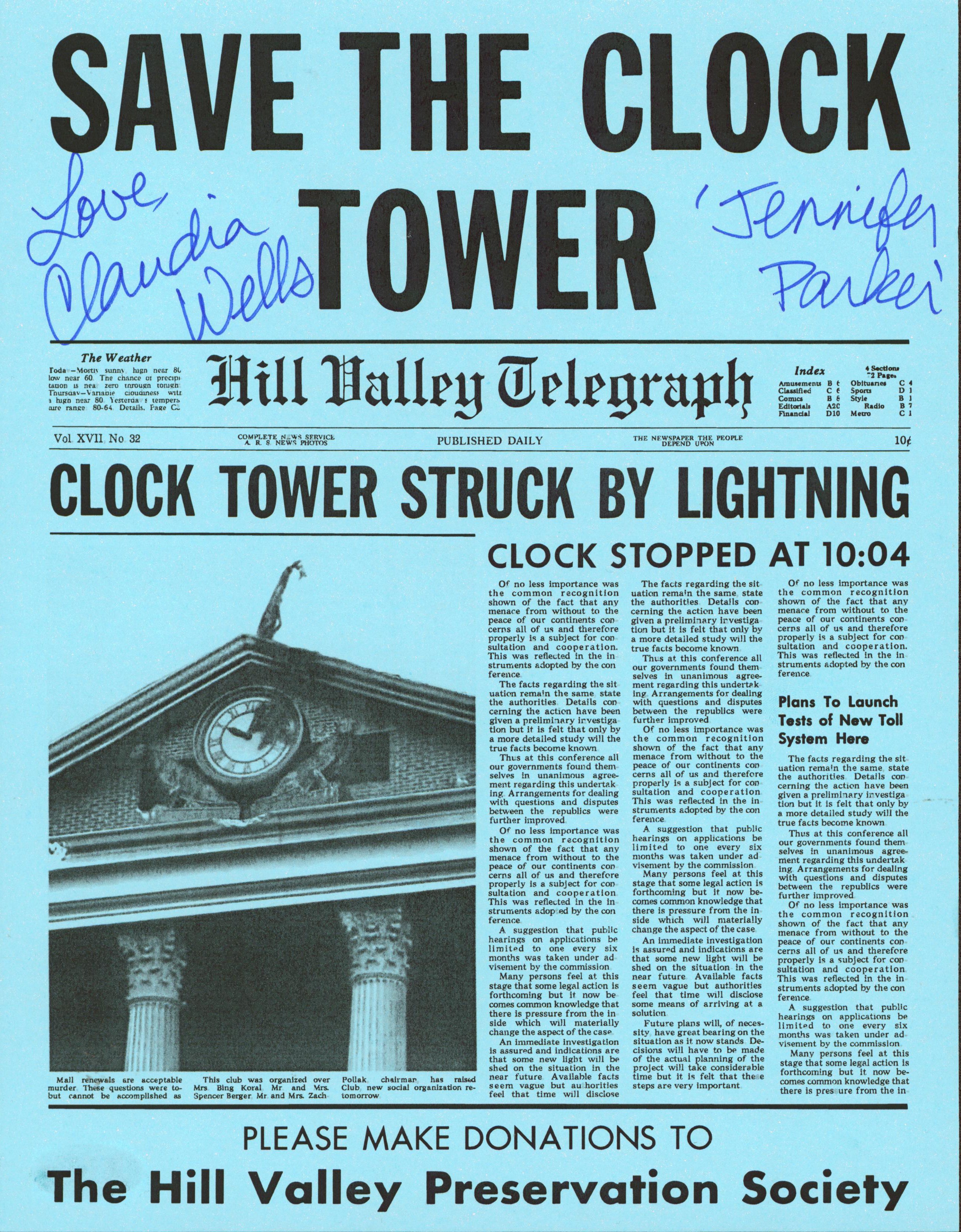 Claudia Wells Back To The Future Signed Replica Save The Clock Tower Flyer BAS