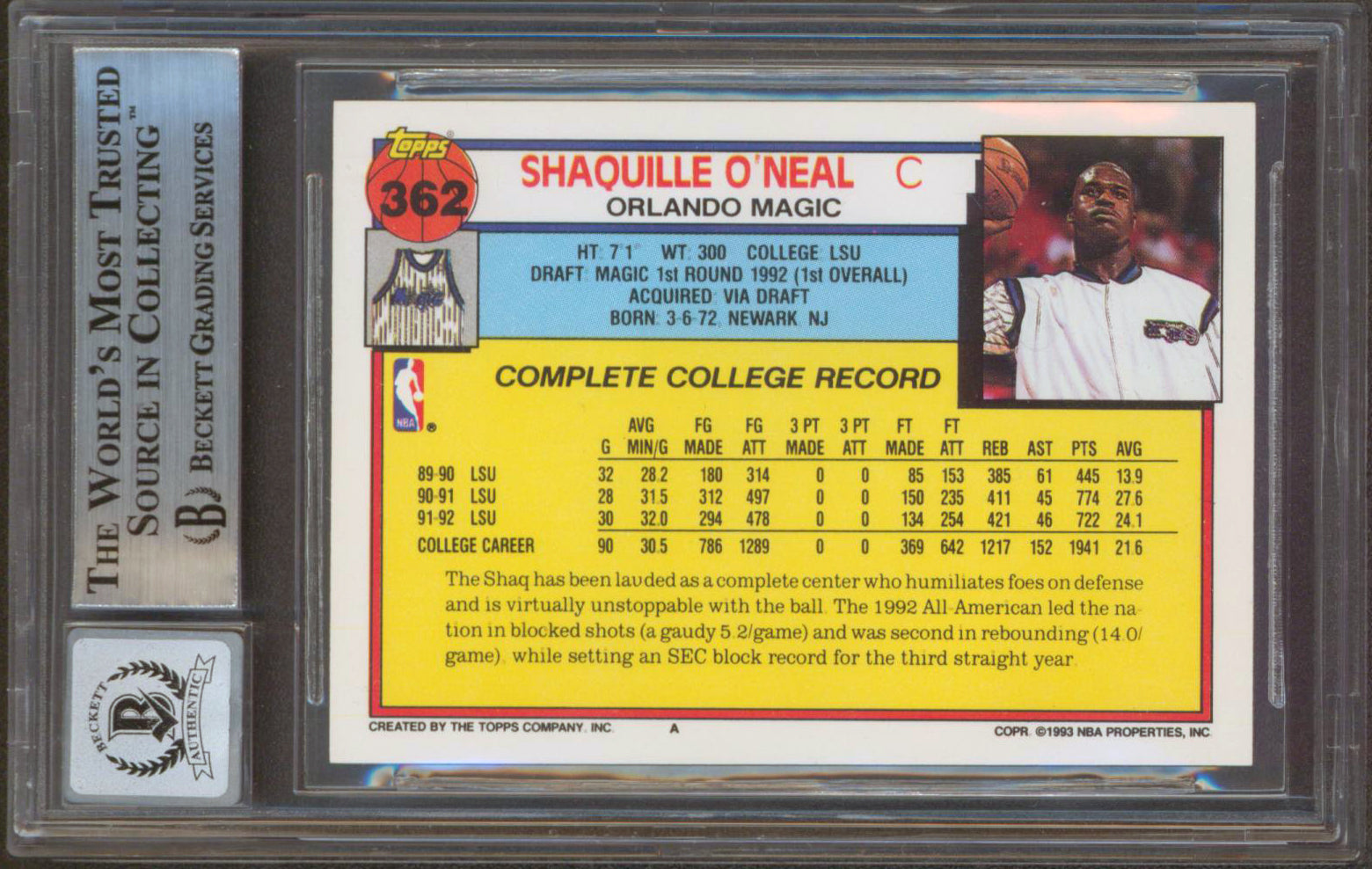 Magic Shaquille O'Neal Signed 1992 Topps #362 Rookie Card Auto 10! BAS Slabbed