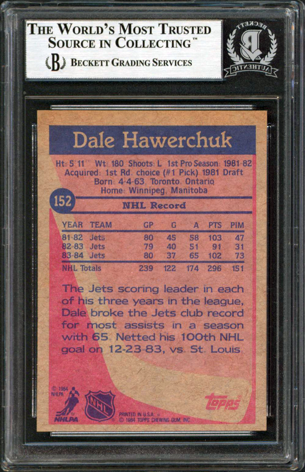 Jets Dale Hawerchuk Authentic Signed 1984-85 Topps #152 Card BAS Slabbed