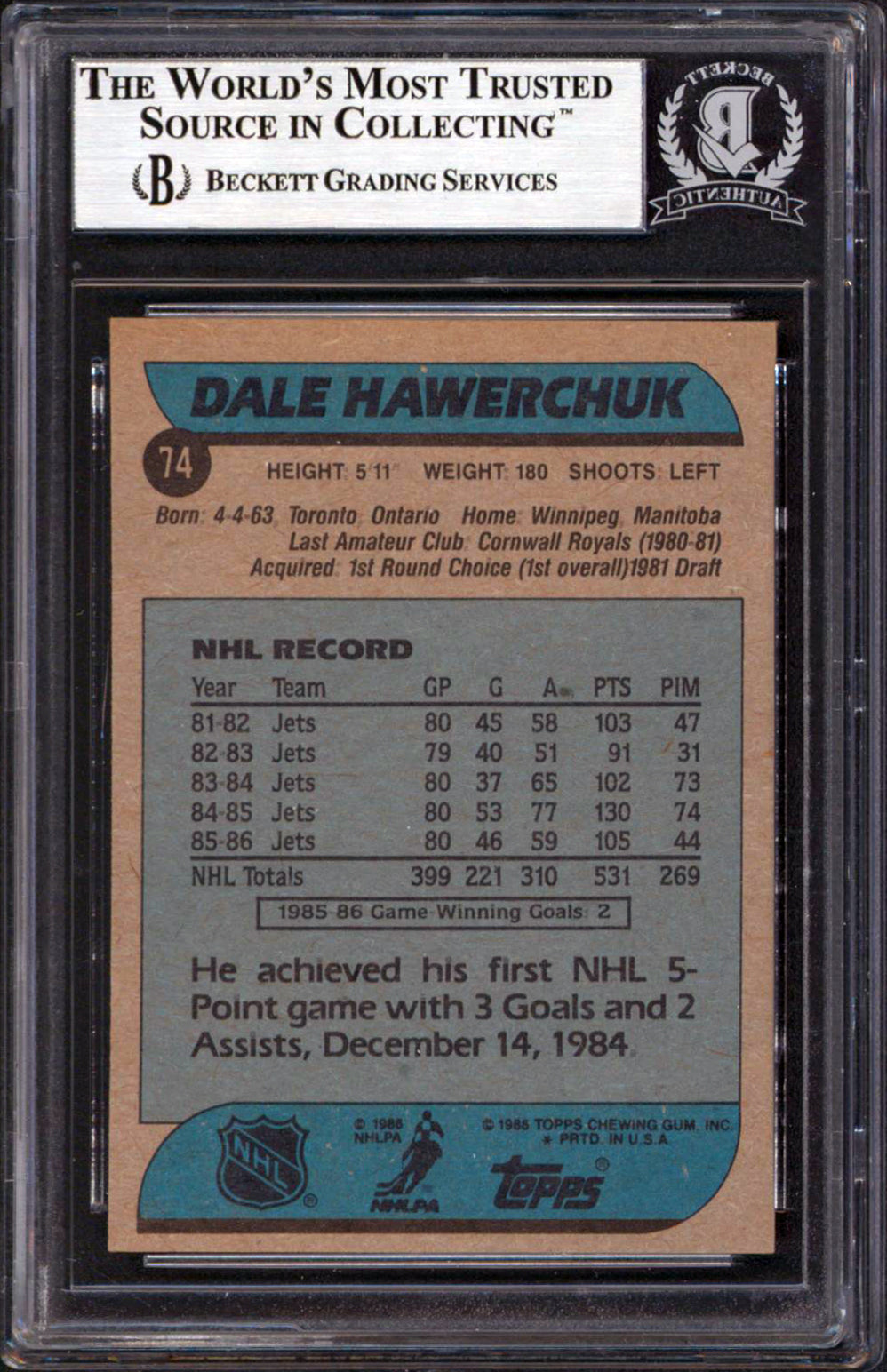 Jets Dale Hawerchuk Authentic Signed 1986-87 Topps #74 Card BAS Slabbed