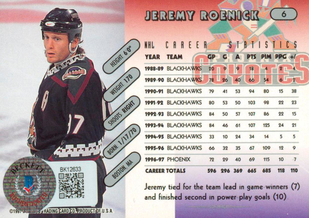 Coyotes Jeremy Roenick Authentic Signed 1997 Donruss #6 Card BAS #BK12633