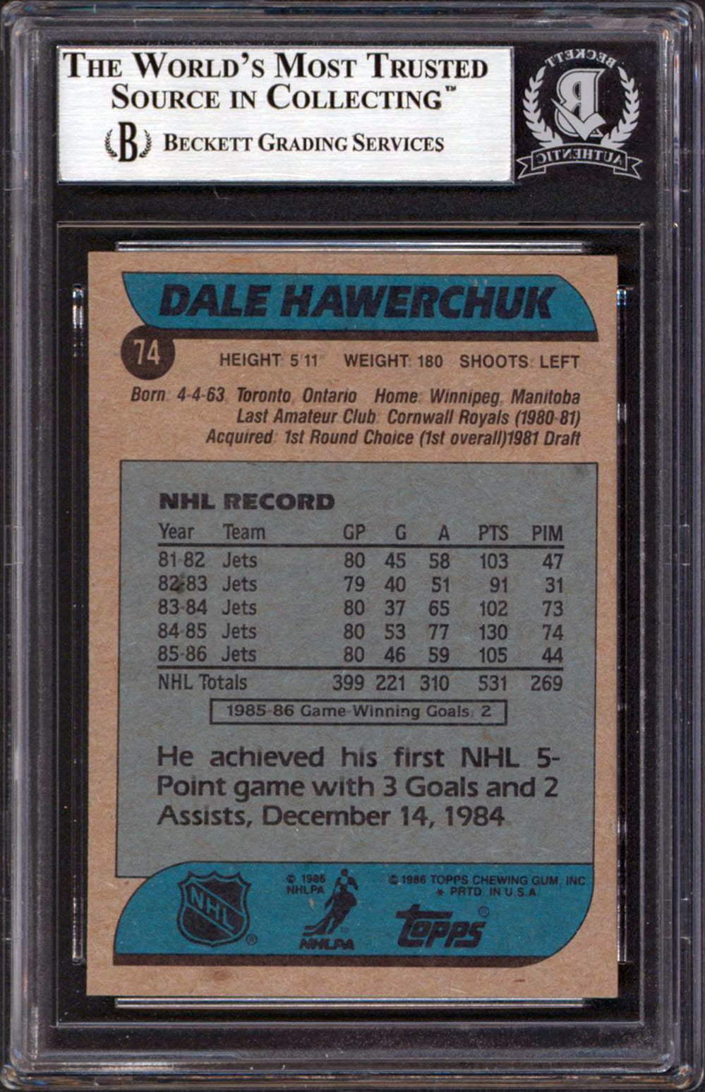 Jets Dale Hawerchuk Signed 1986-87 Topps #74 Card Autographed BAS Slabbed