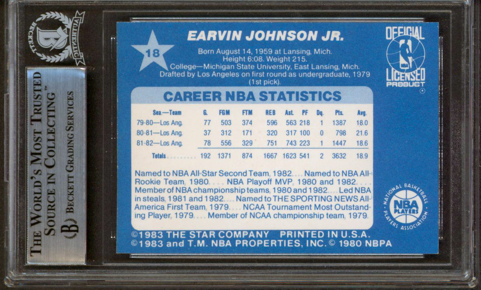 Lakers Magic Johnson Authentic Signed 1983 Star All-Star Game #18 Card BAS Slab