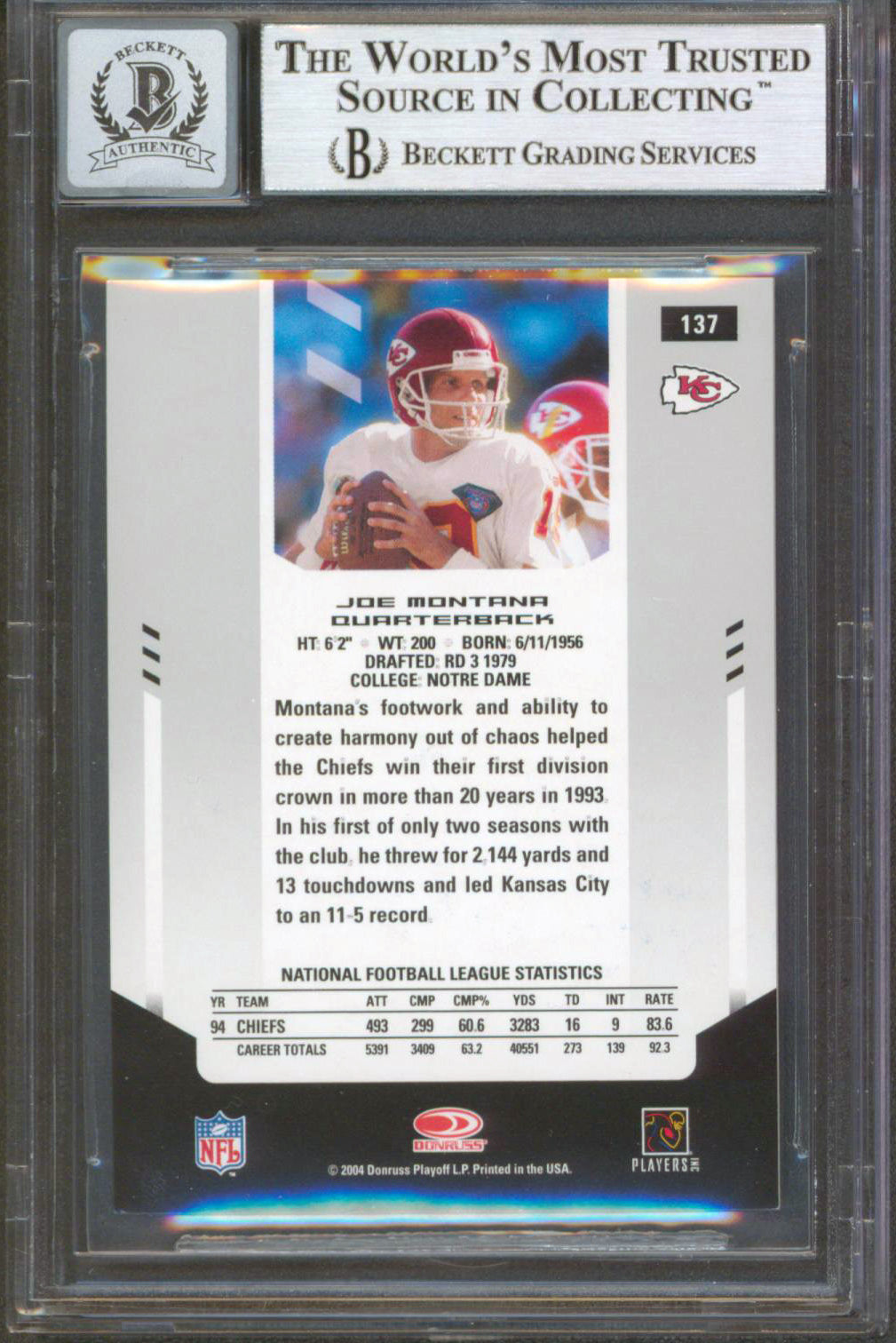 49ers Joe Montana Signed 2004 Leaf Certified Mat #137 Card Auto 10! BAS Slabbed