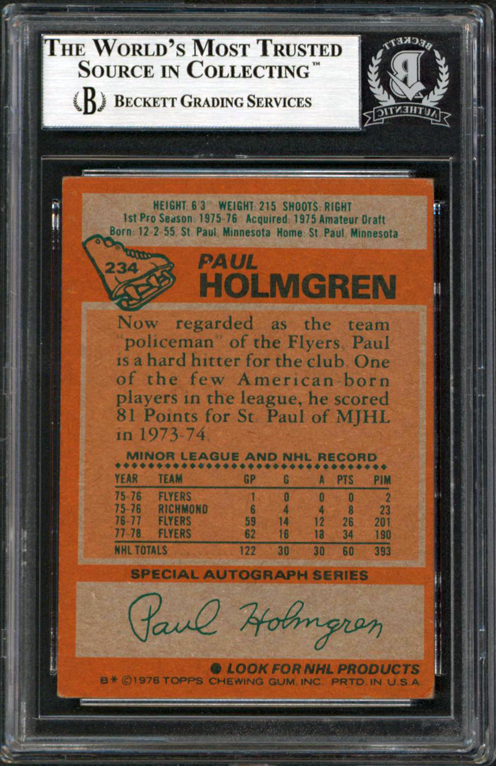 Flyers Paul Holmgren Authentic Signed 1978 Topps #234 Card BAS Slabbed