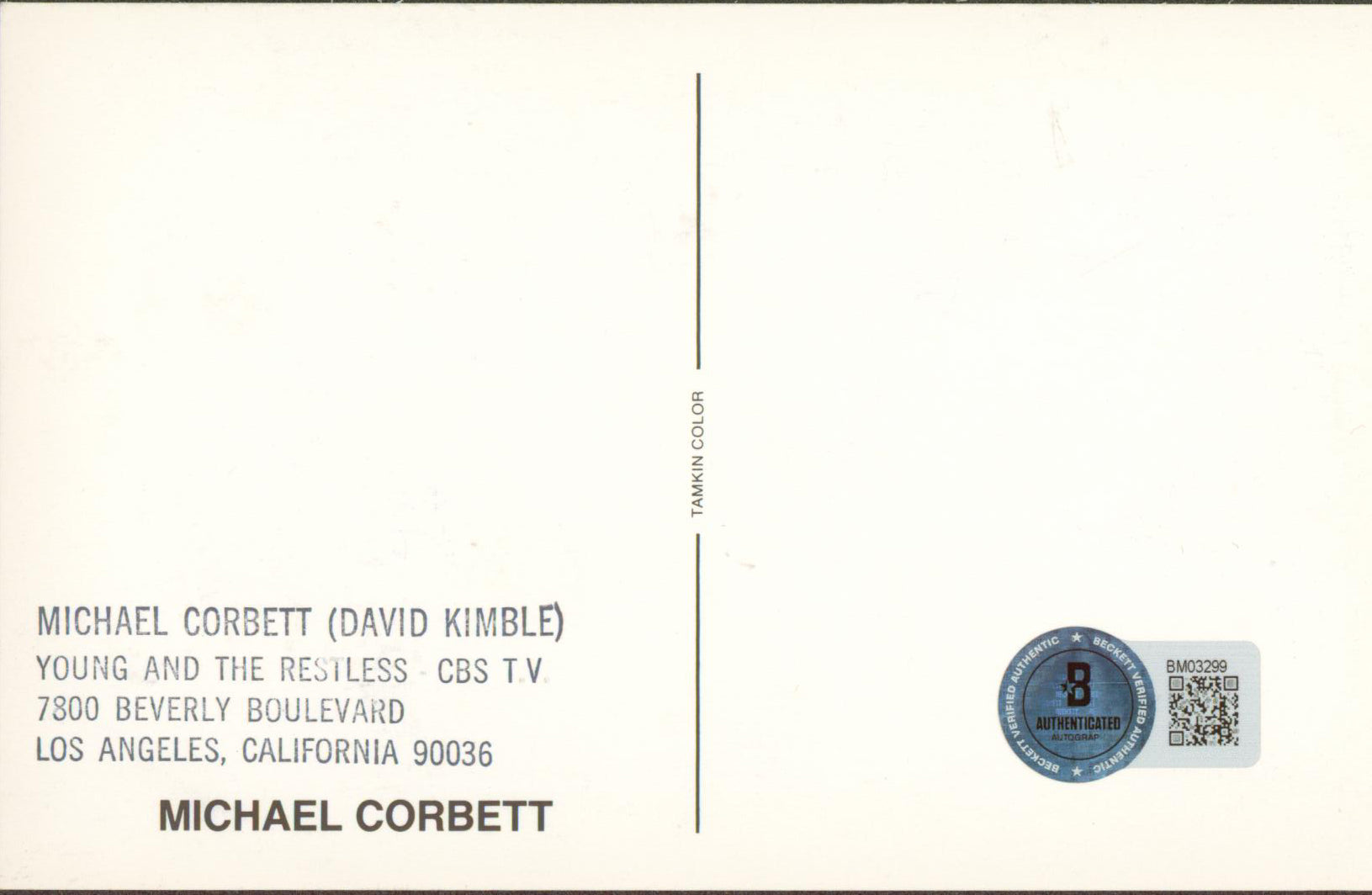 Michael Corbett The Young and the Restless Signed 3.5x5.5 Postcard BAS #BM03299