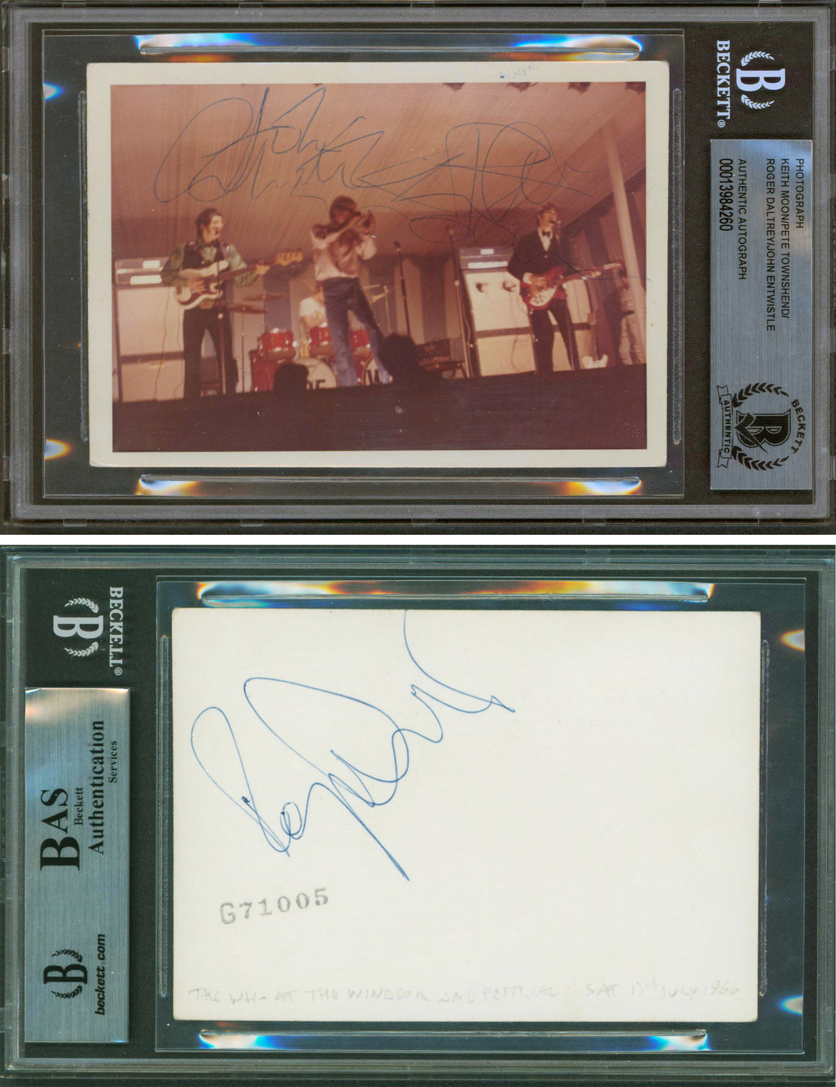 The Who (4) Moon, Townshend, Daltrey, Entwistle Signed 3.5x5 Photo BAS Slabbed