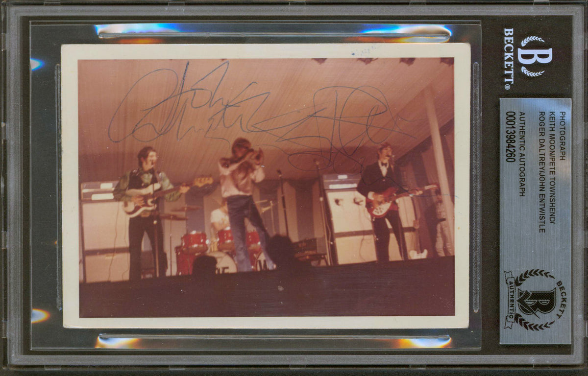 The Who (4) Moon, Townshend, Daltrey, Entwistle Signed 3.5x5 Photo BAS Slabbed