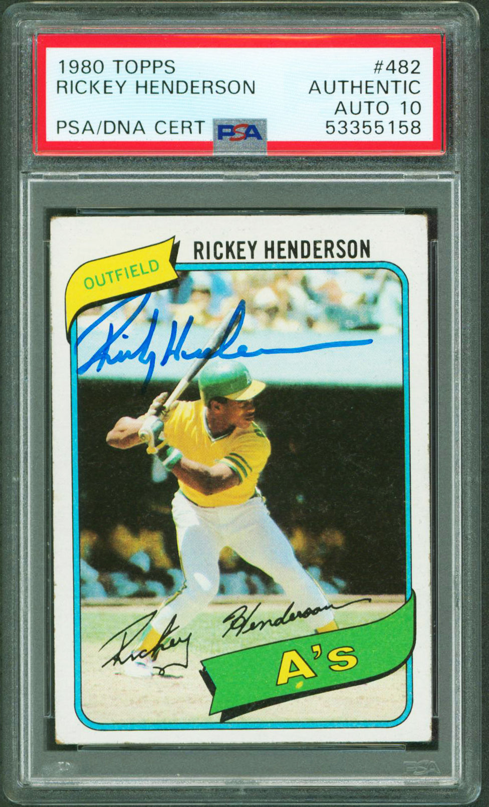A's Rickey Henderson Signed 1980 Topps #482 Rookie Card Auto 10! PSA/DNA Slabbed