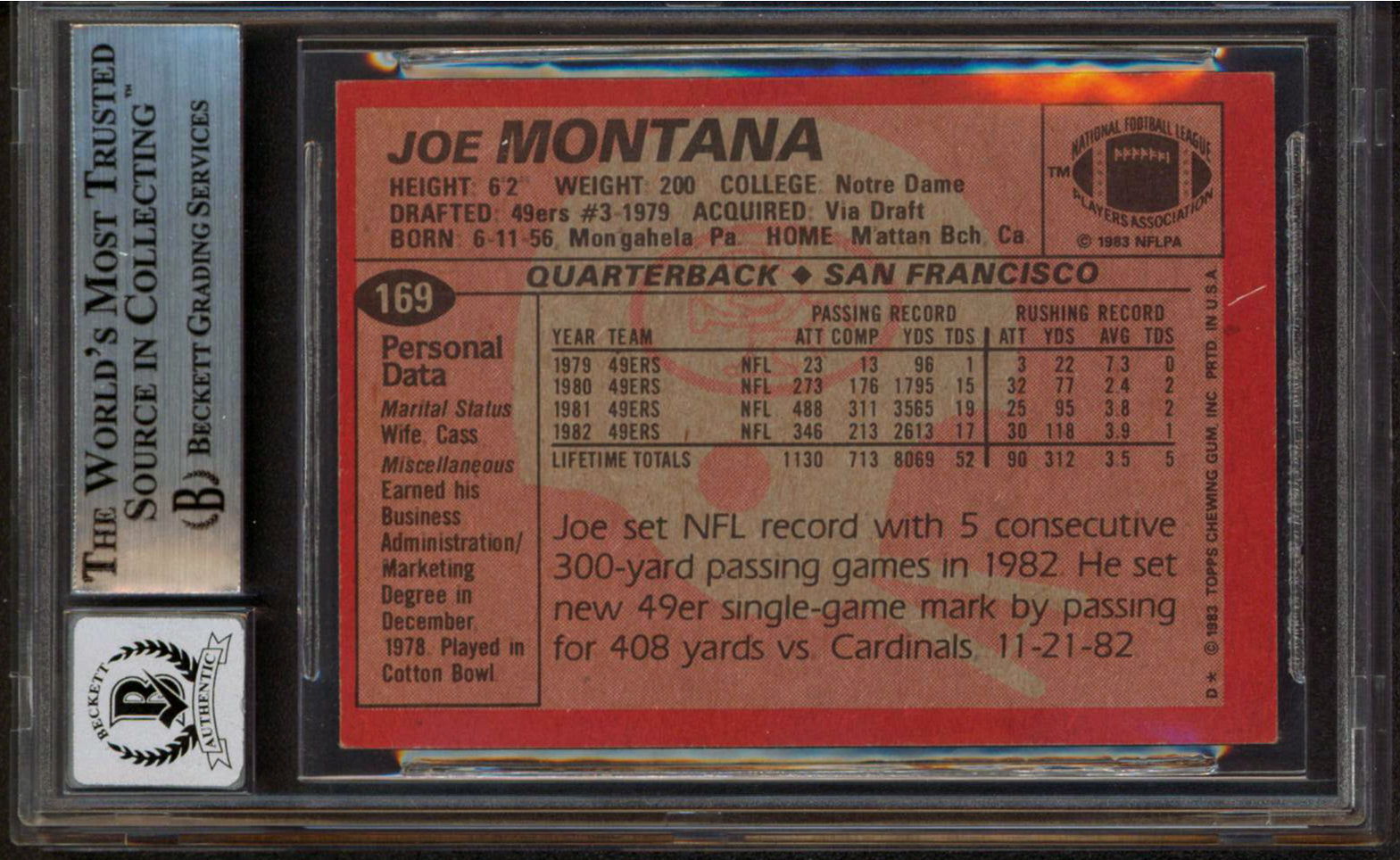 49ers Joe Montana Authentic Signed 1983 Topps #169 Card Auto 10! BAS Slabbed