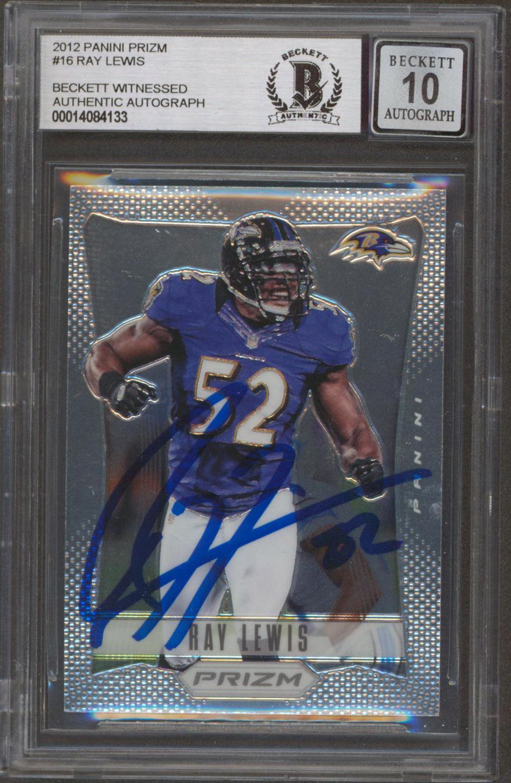 Ravens Ray Lewis Authentic Signed 2012 Panini Prizm #16 Card Auto 10 BAS Slabbed