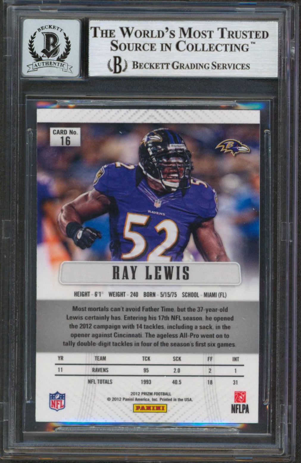 Ravens Ray Lewis Authentic Signed 2012 Panini Prizm #16 Card Auto 10 BAS Slabbed