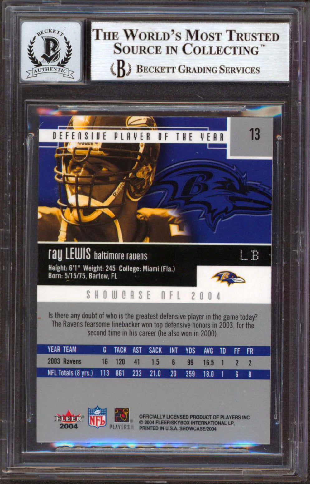 Ravens Ray Lewis Signed 2004 Fleer Showcase #13 Card Auto Graded 10! BAS Slabbed