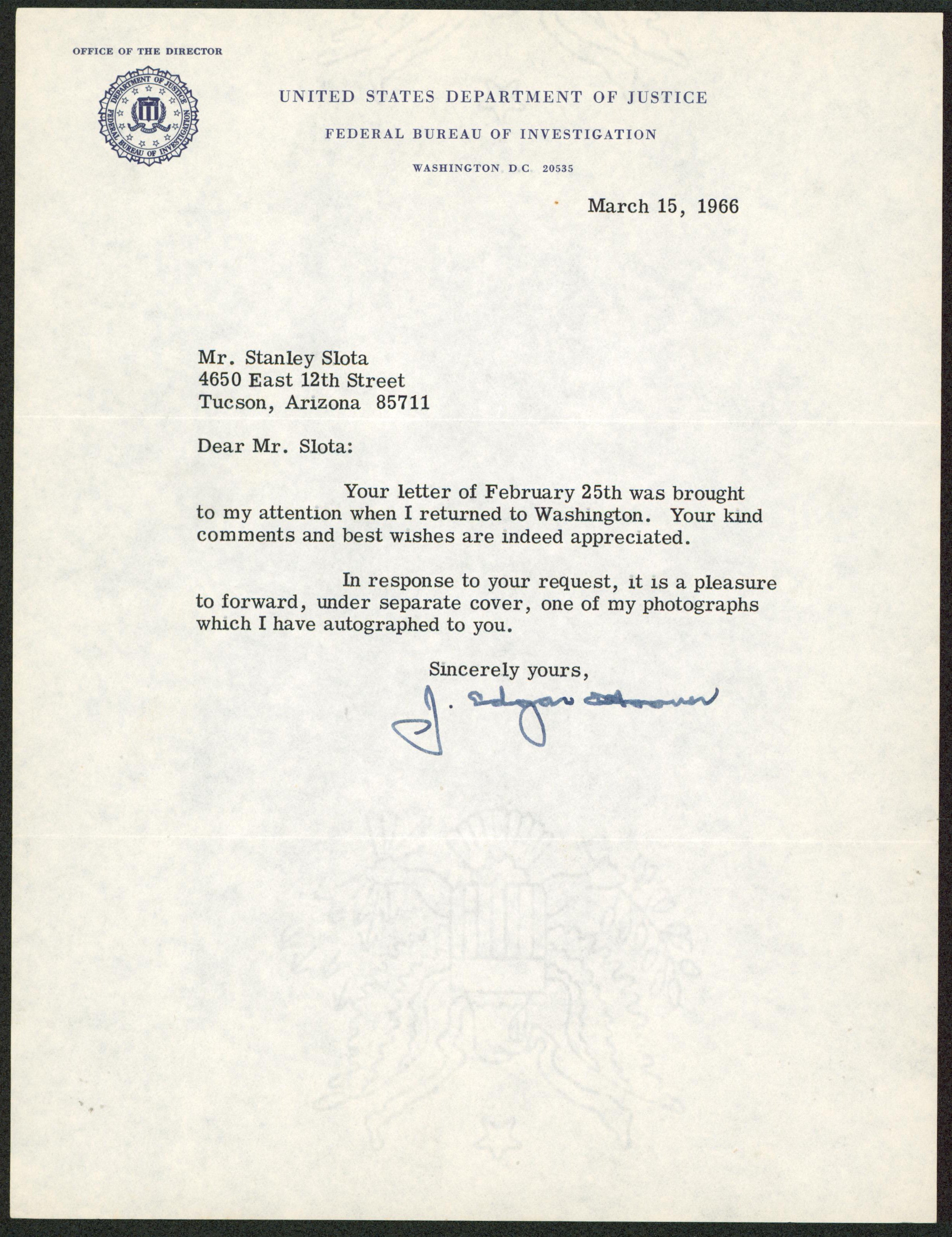 J. Edgar Hoover Signed Letter Dated March 15 1966 On FBI Letterhead BAS #AD64300